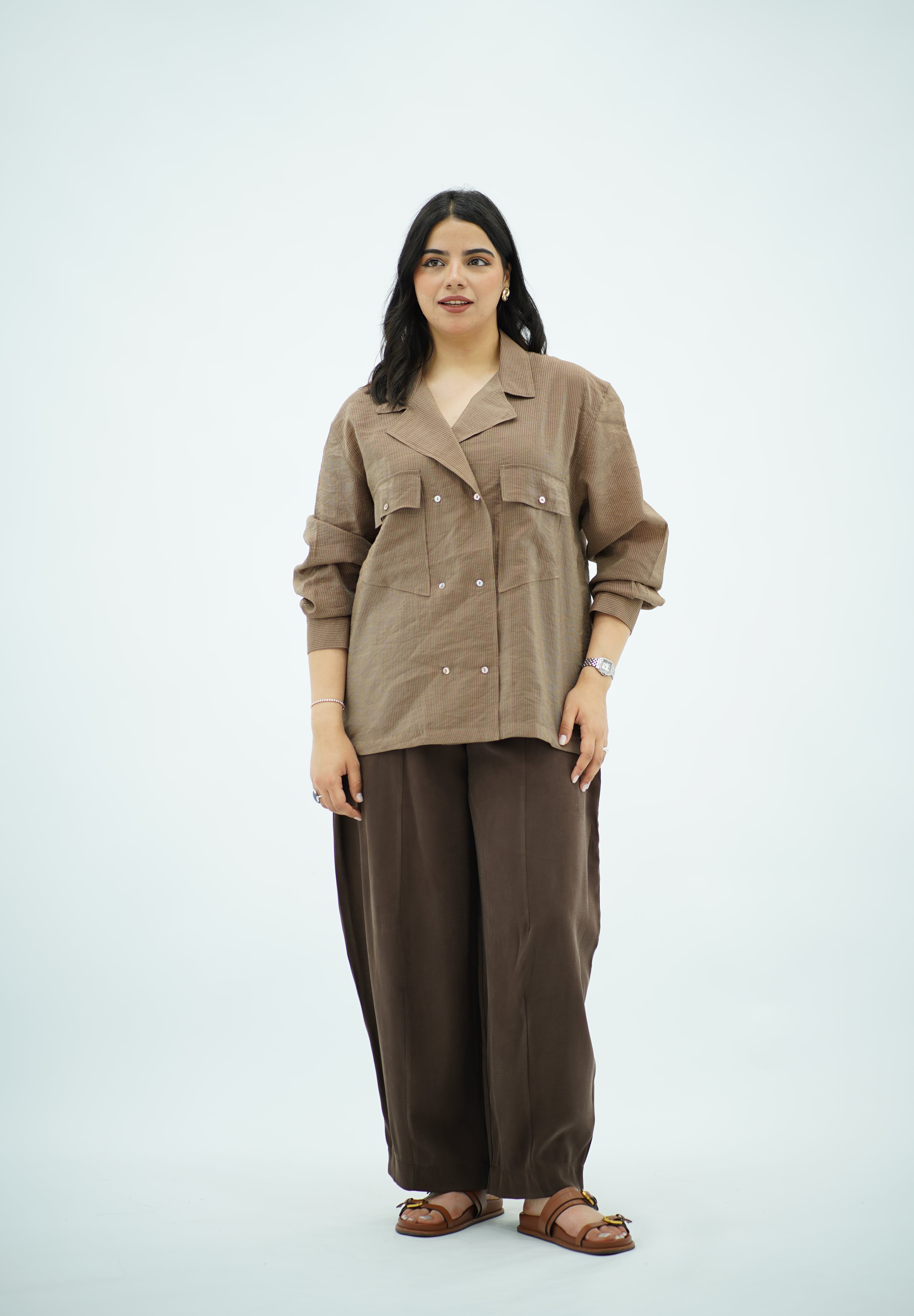 Chemise Fluide à Poches – Marron rayé
