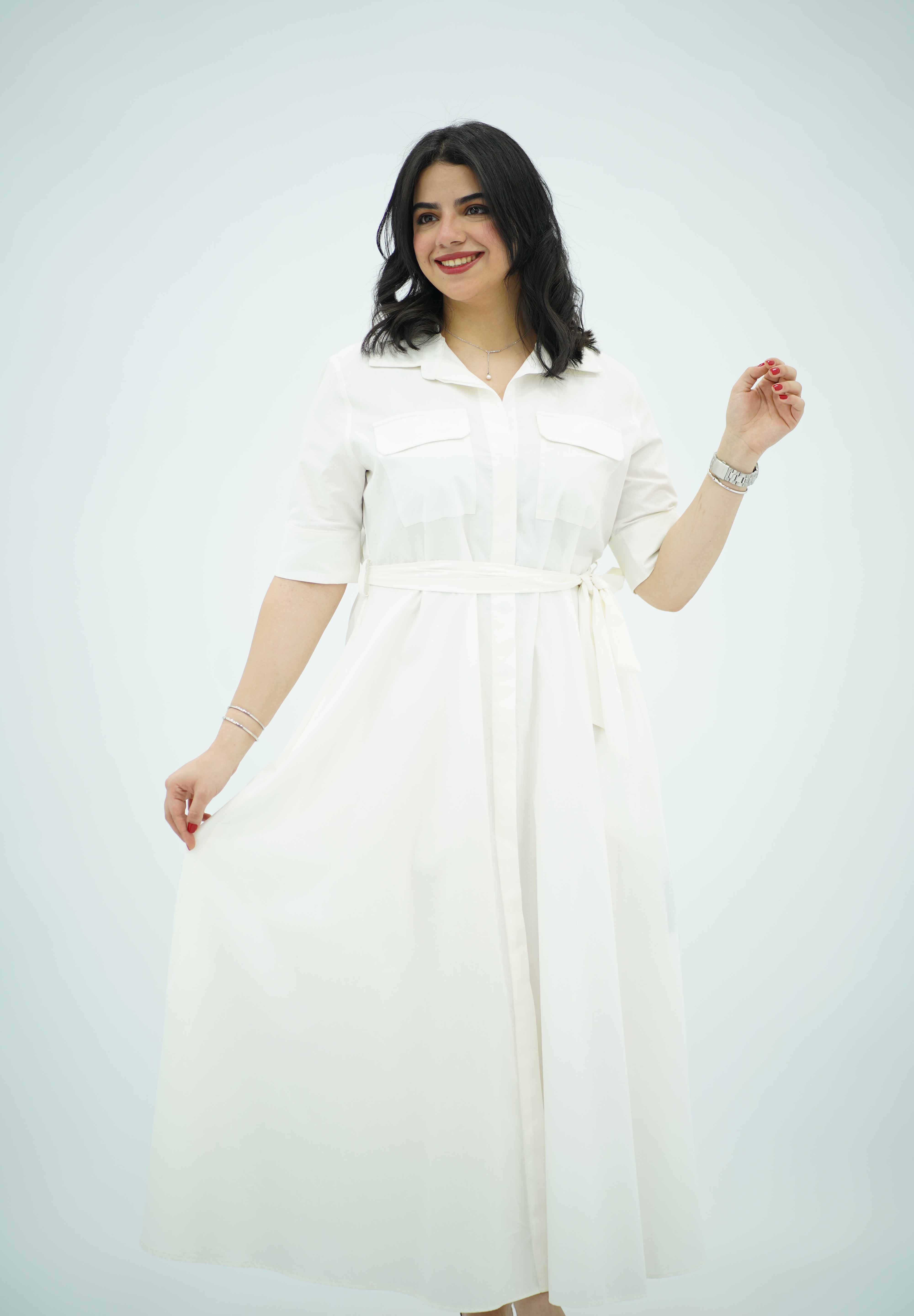 Robe Blanche chemise midi ceinturée 🤍
