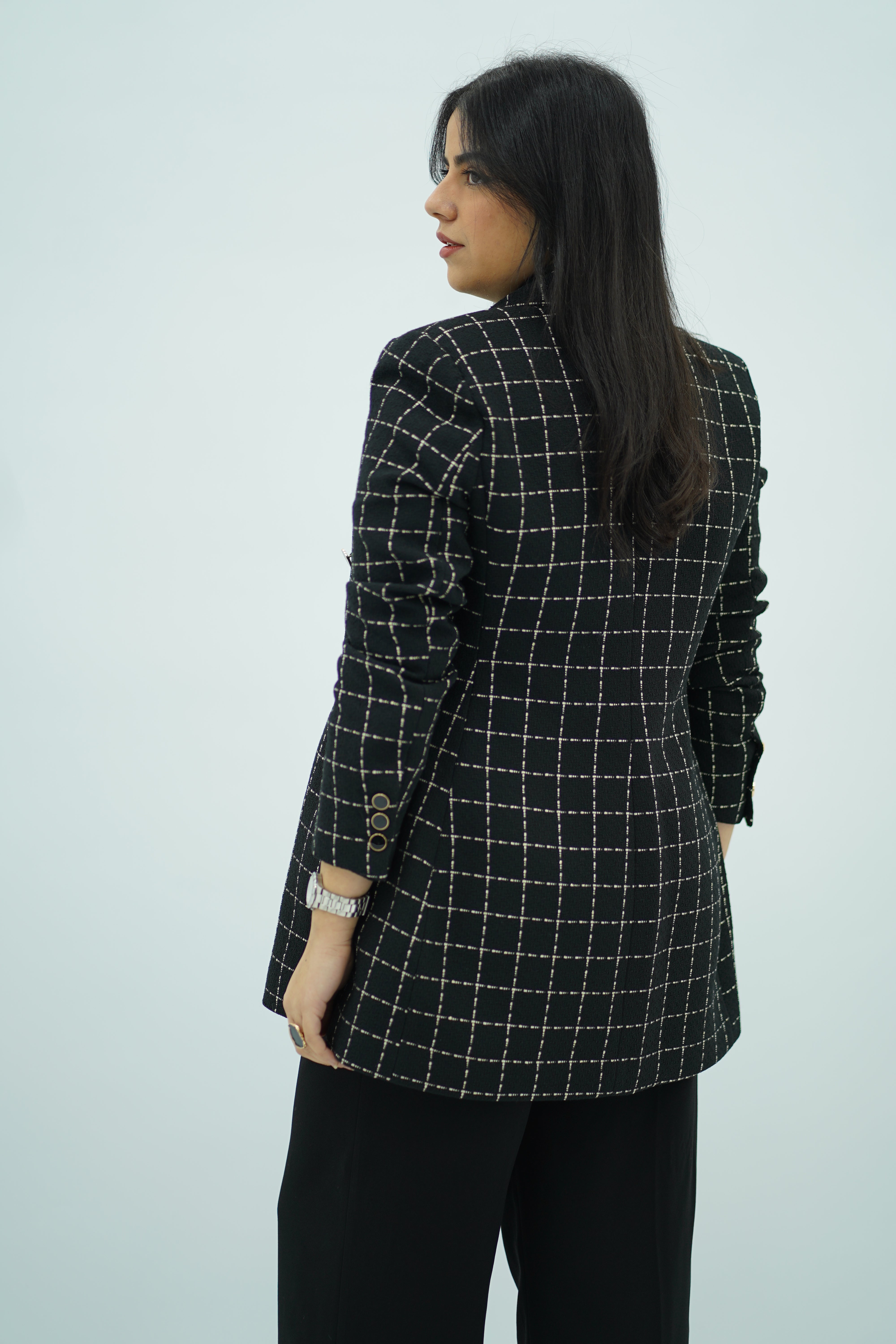 Veste Blazer Longue à Carreaux Noir et Or