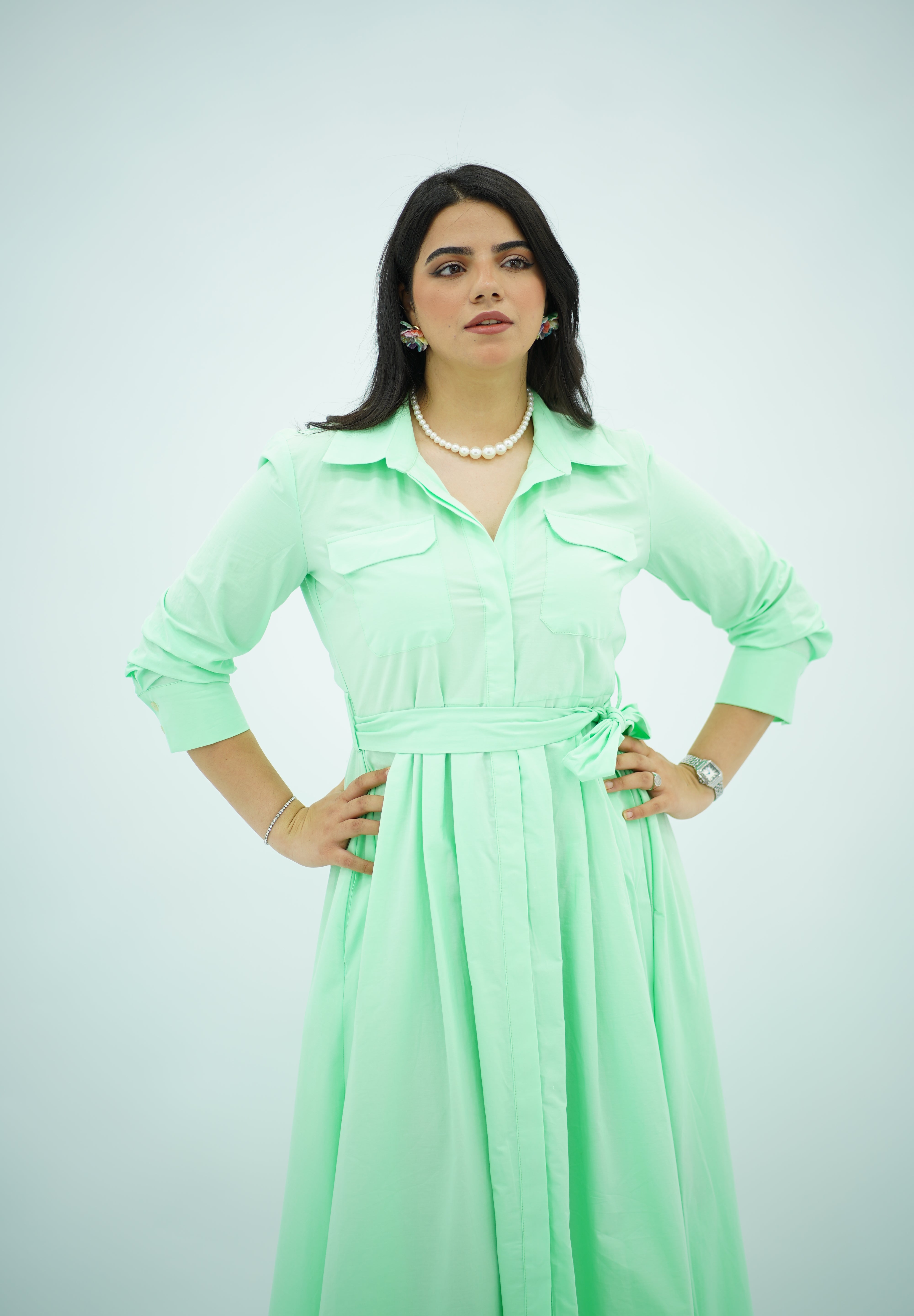 Robe Chemise Midi Ceinturée – Vert Menthe
