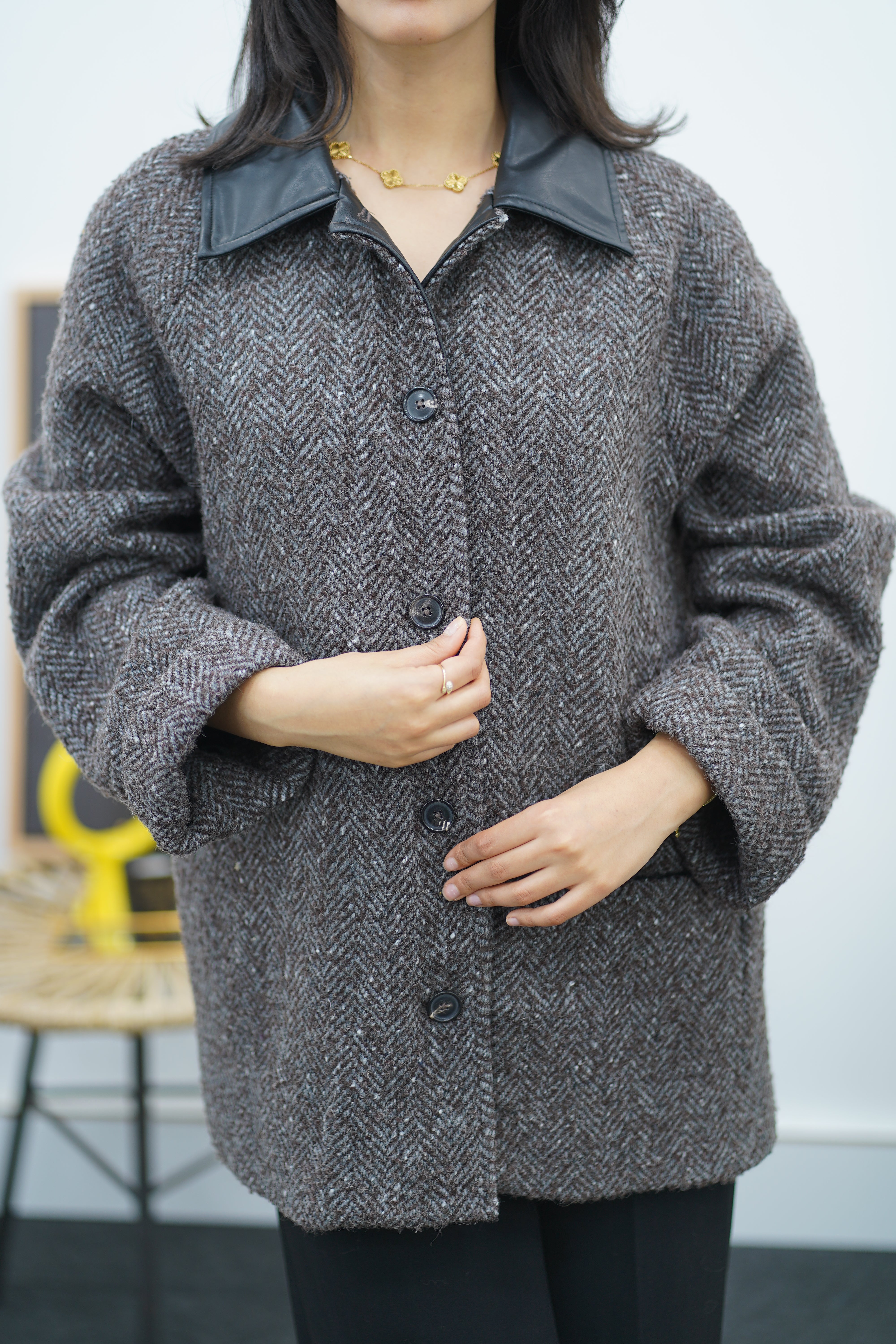 Manteau en laine avec col similicuir