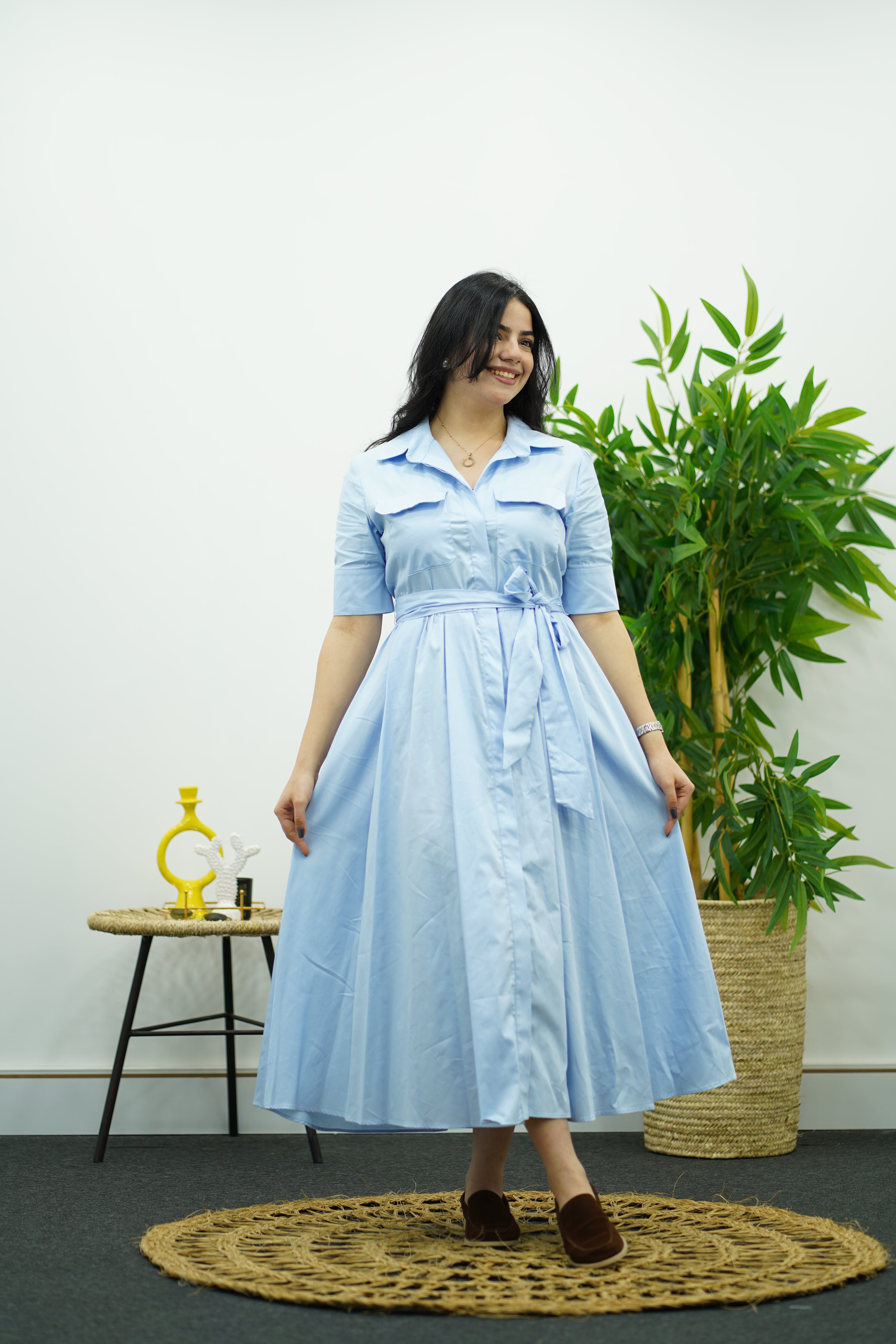 Robe En Popeline - Bleu Ciel