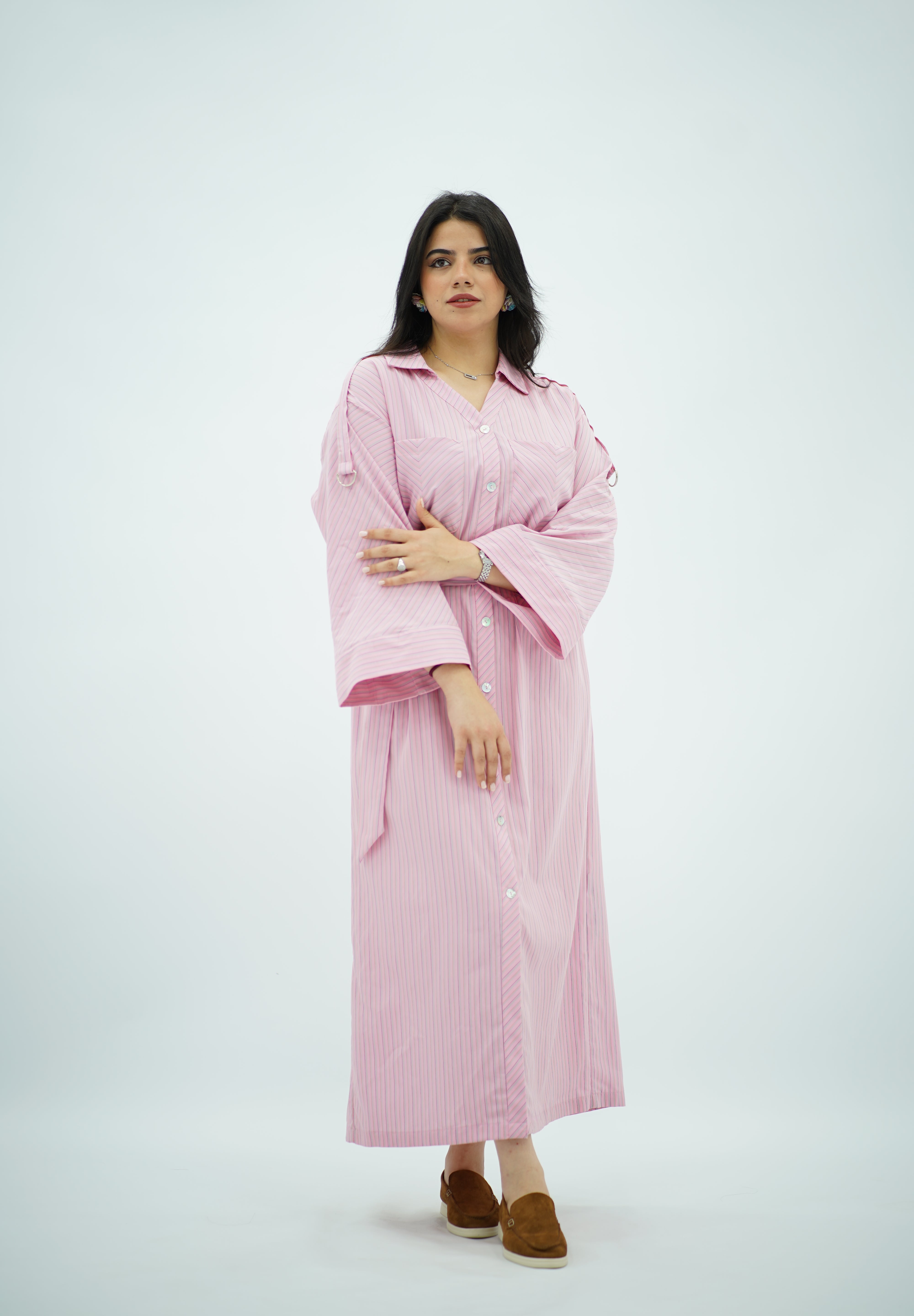 Robe-chemise longue rayée rose