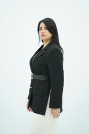 Blazer Noir Structuré à Taille Ceinturée