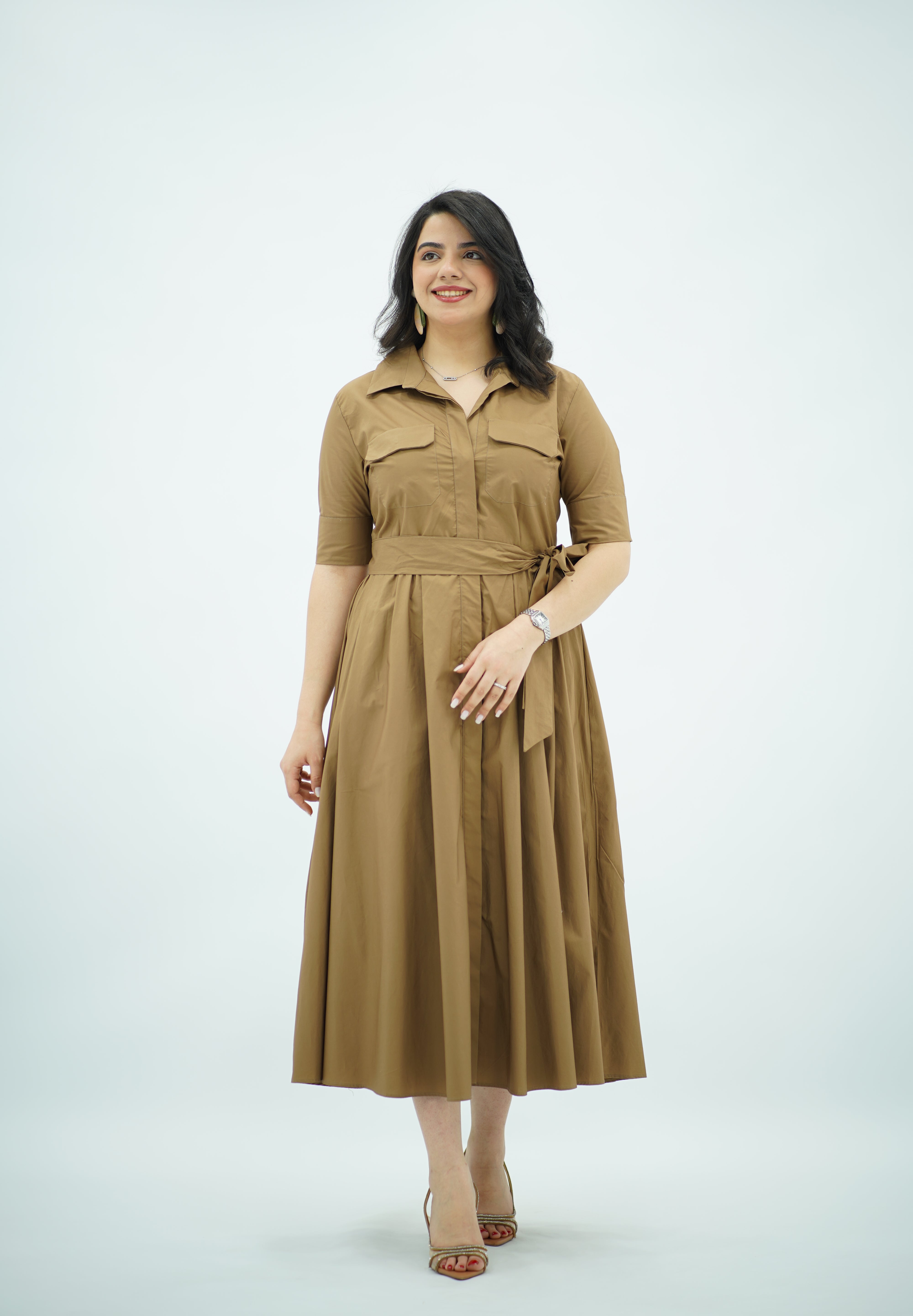 Robe midi Camel en Popeline