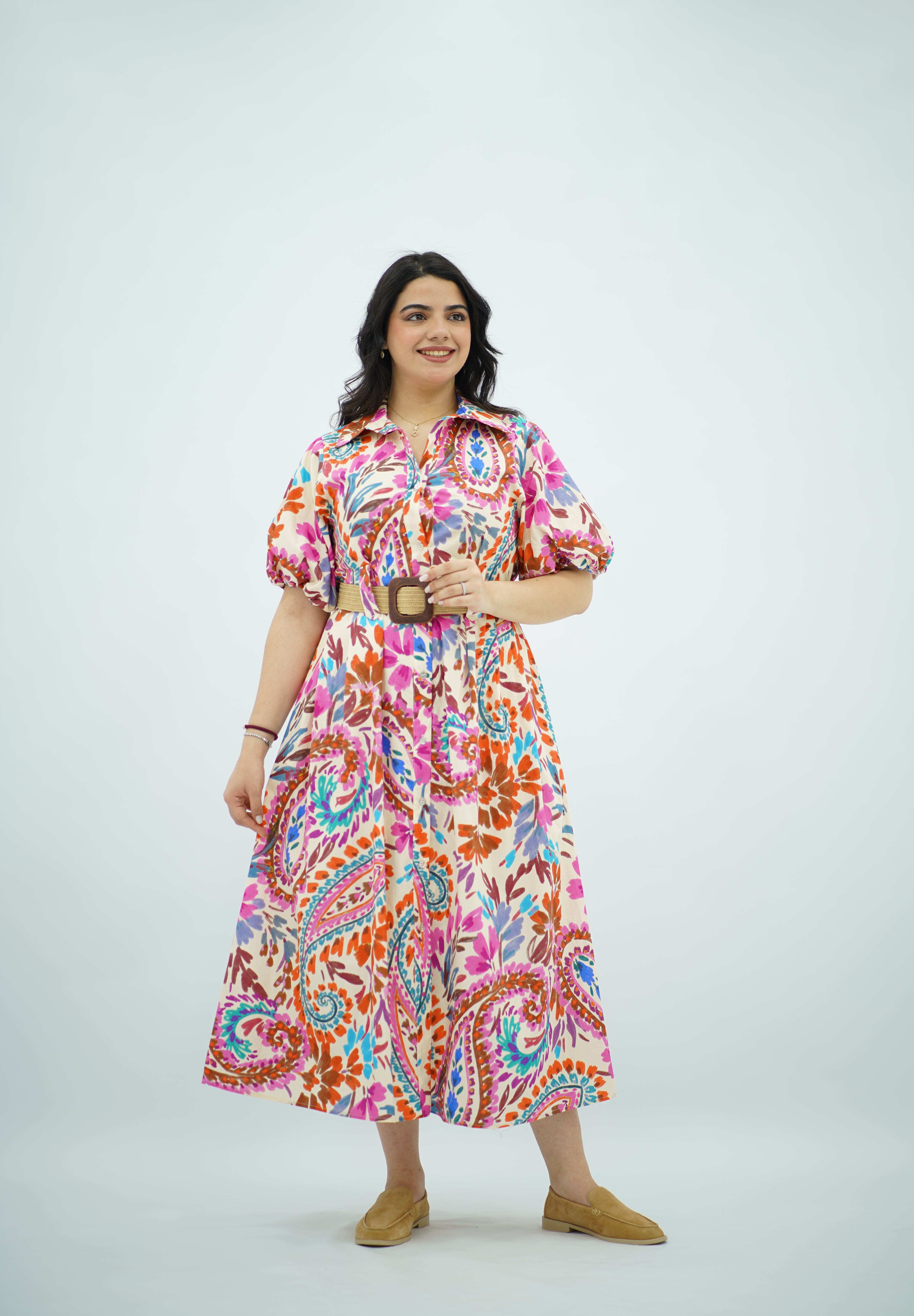 Robe ceinturé en Popeline Imprimée