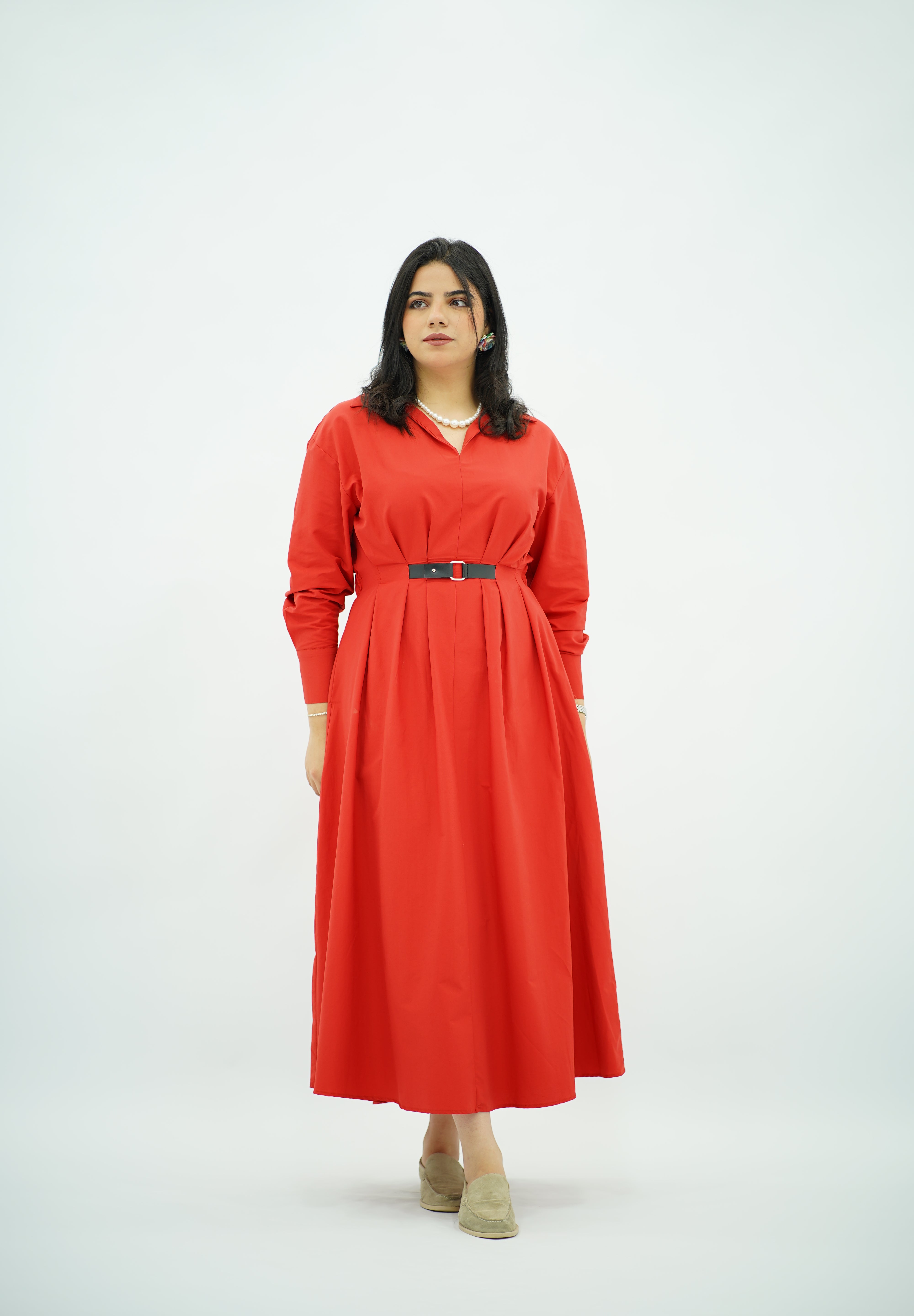 Robe En popeline ceinturé Rouge