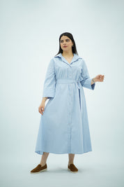 Robe-chemise longue rayée bleu ciel