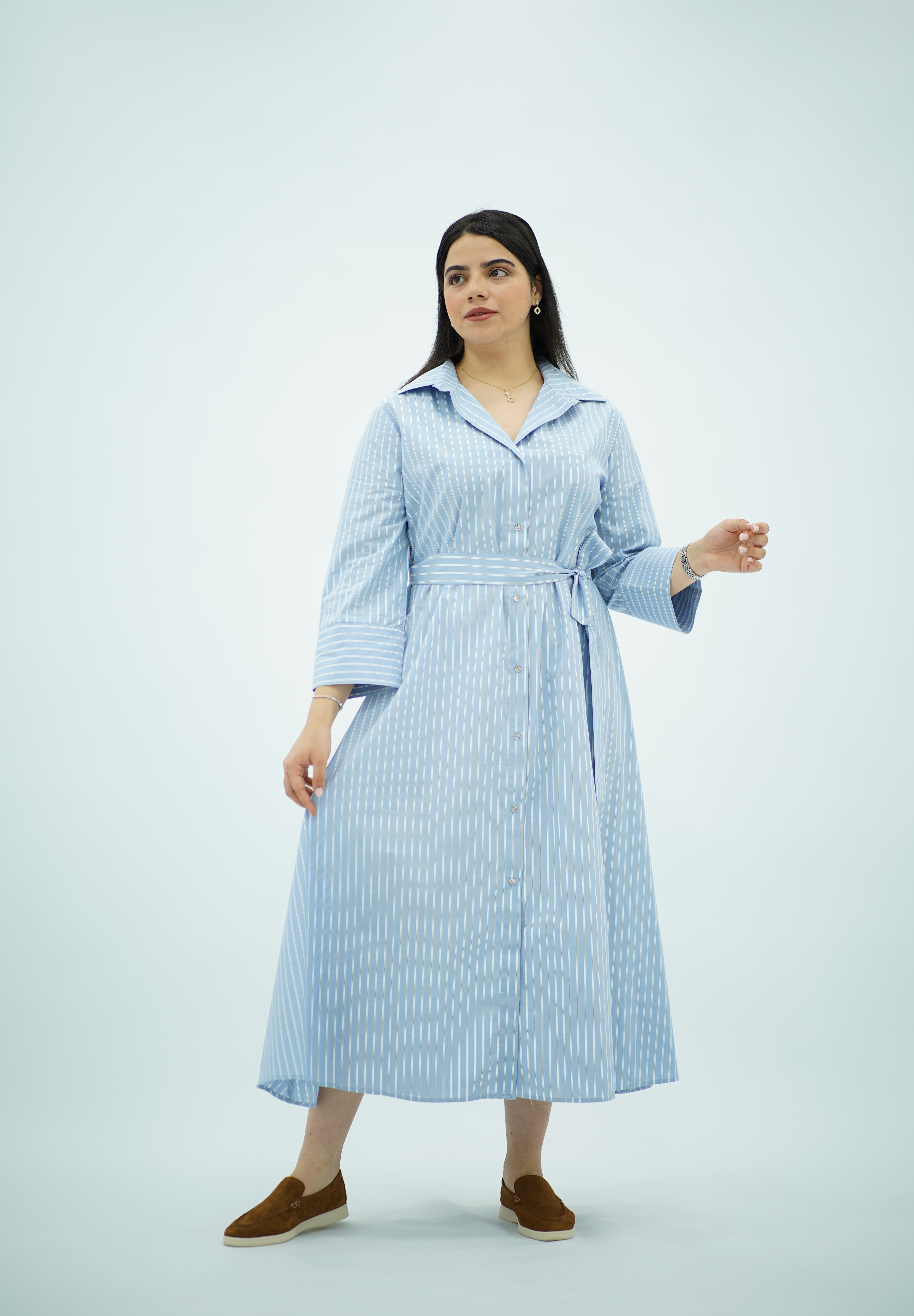 Robe-chemise longue rayée bleu ciel
