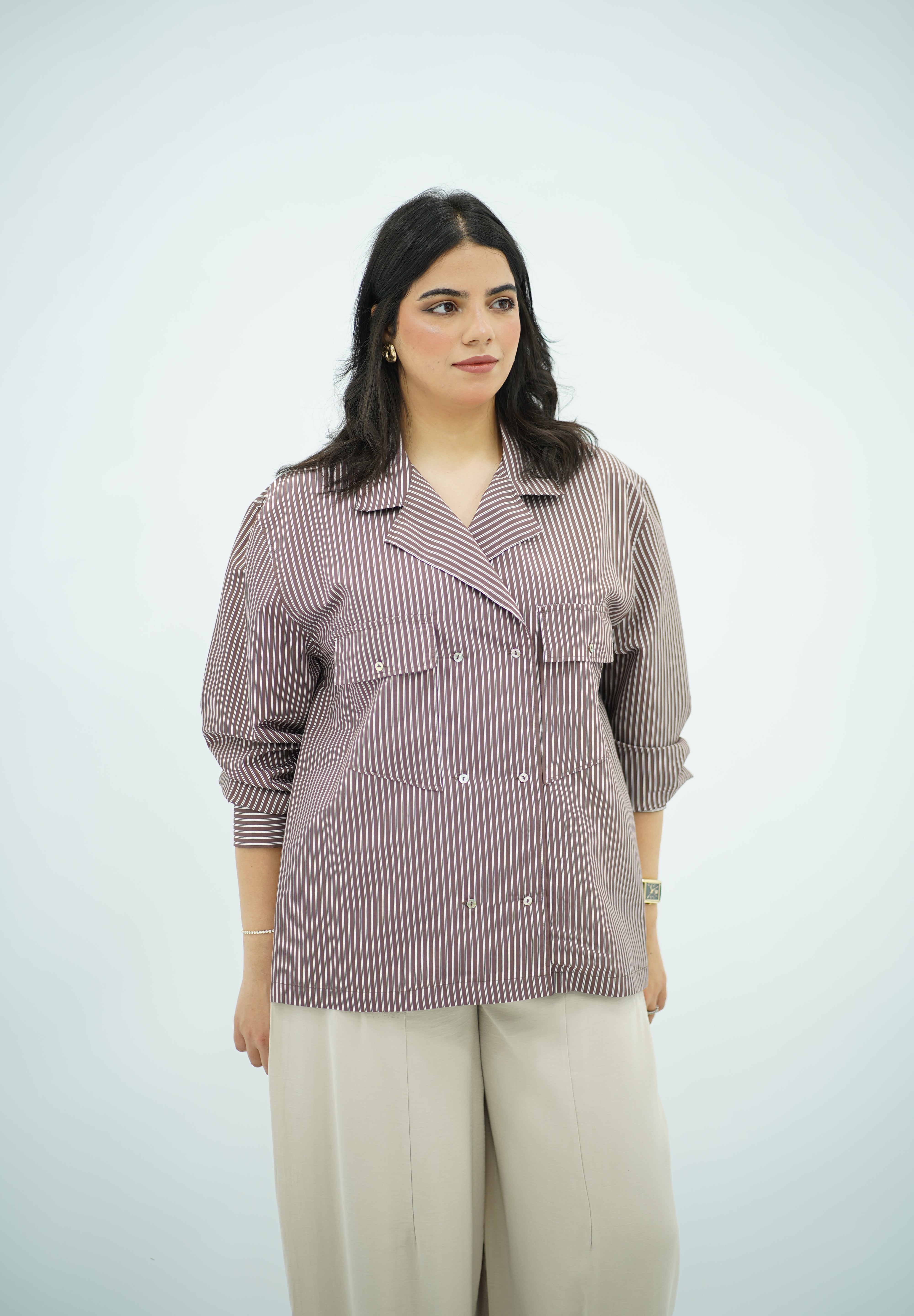 Chemise Rayée Style Saharienne à Double Boutonnage