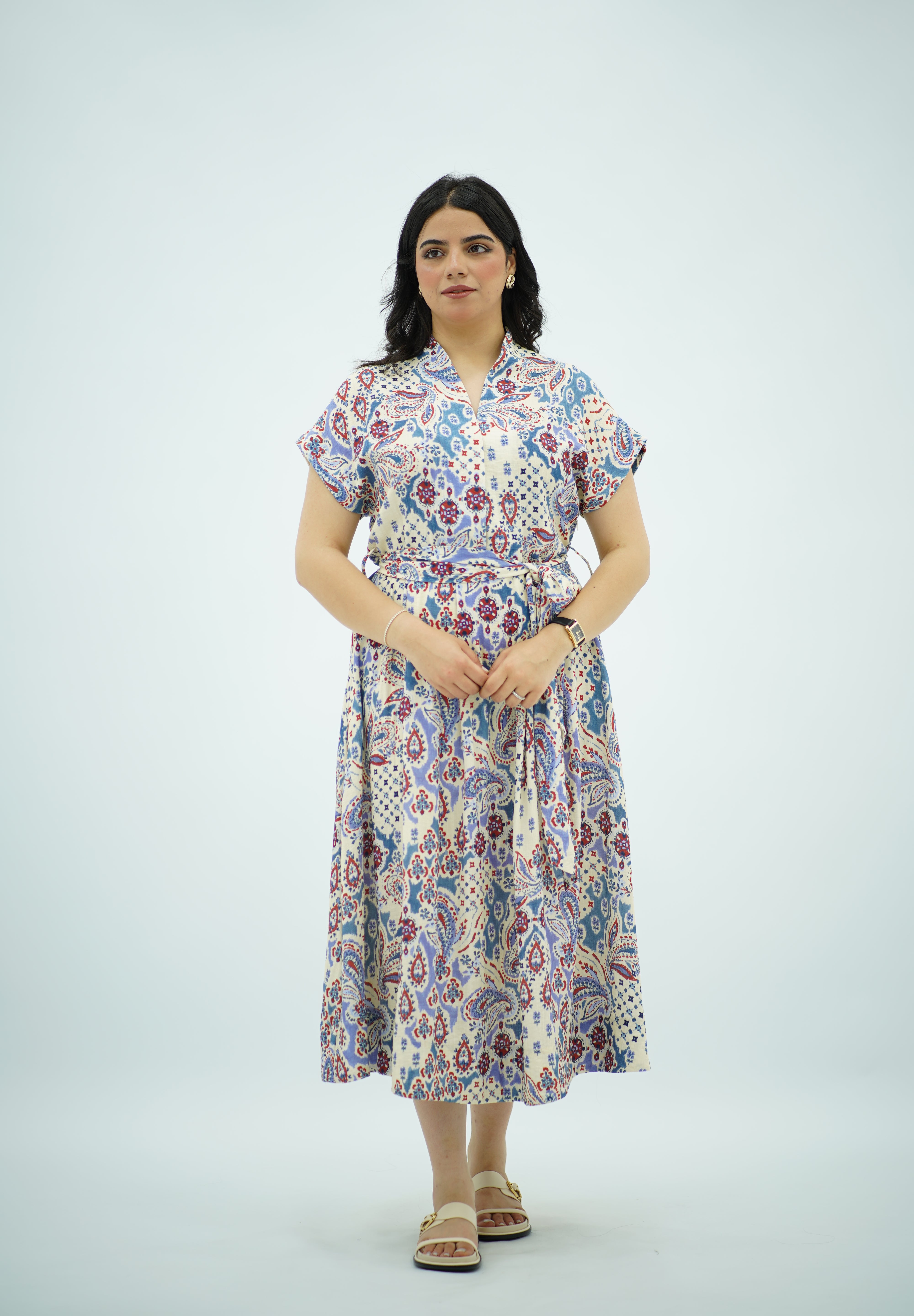 Robe Midi en Lin Fluide à Motif