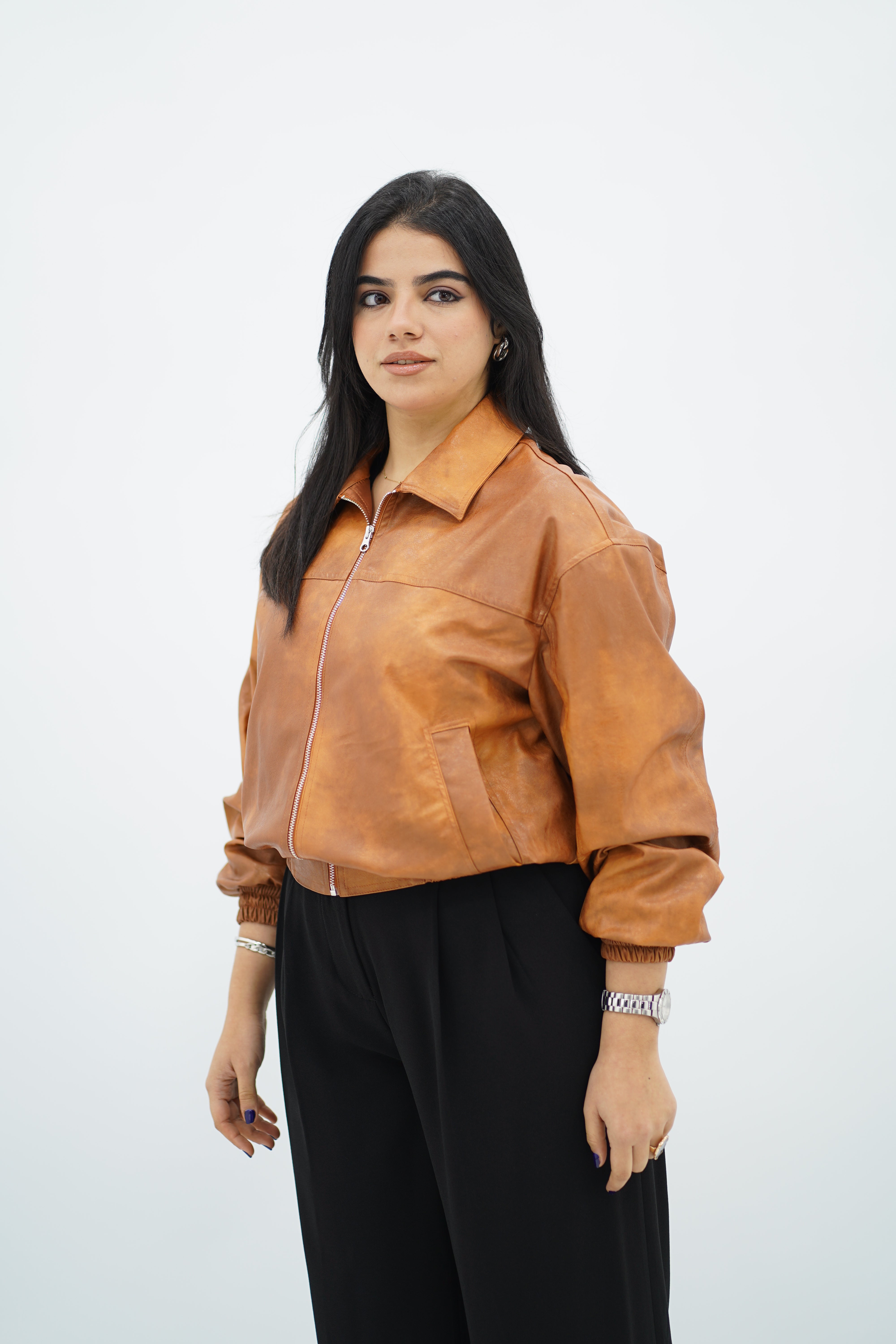 Bomber effet cuir marron-camel