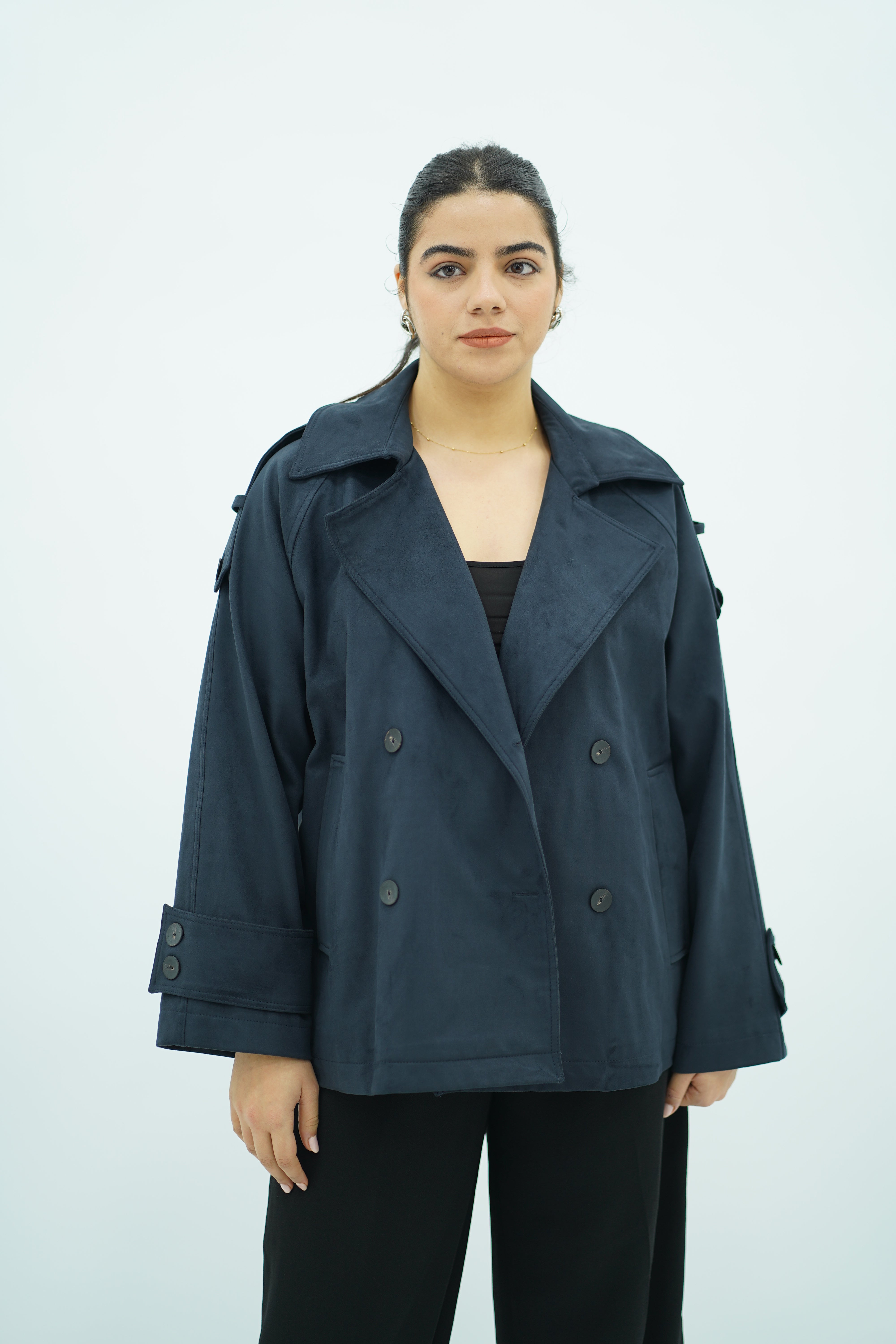 Trench court Bleu nuit en faux daim