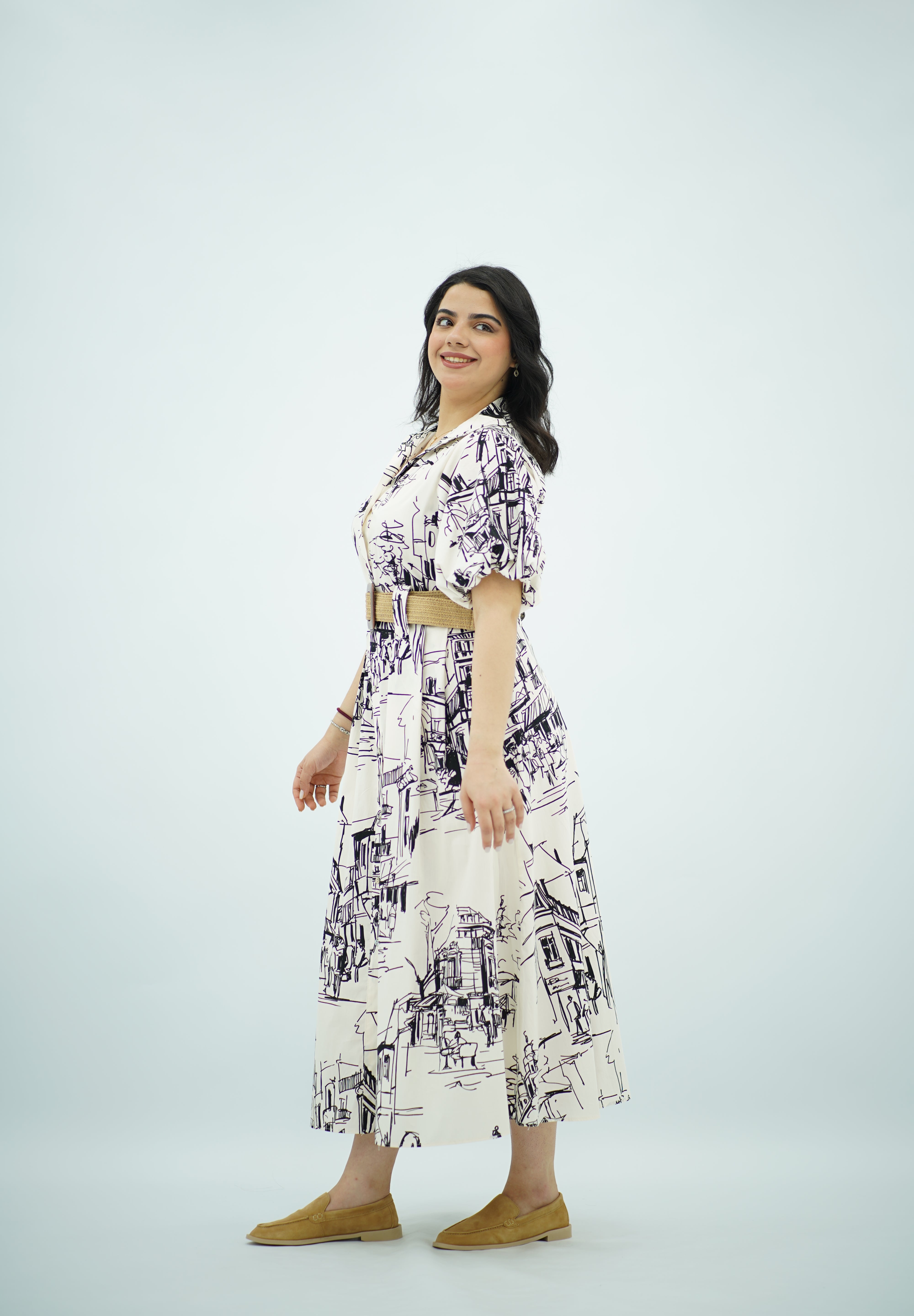 Robe Blanche à Motif Toile de Jouy Urbain