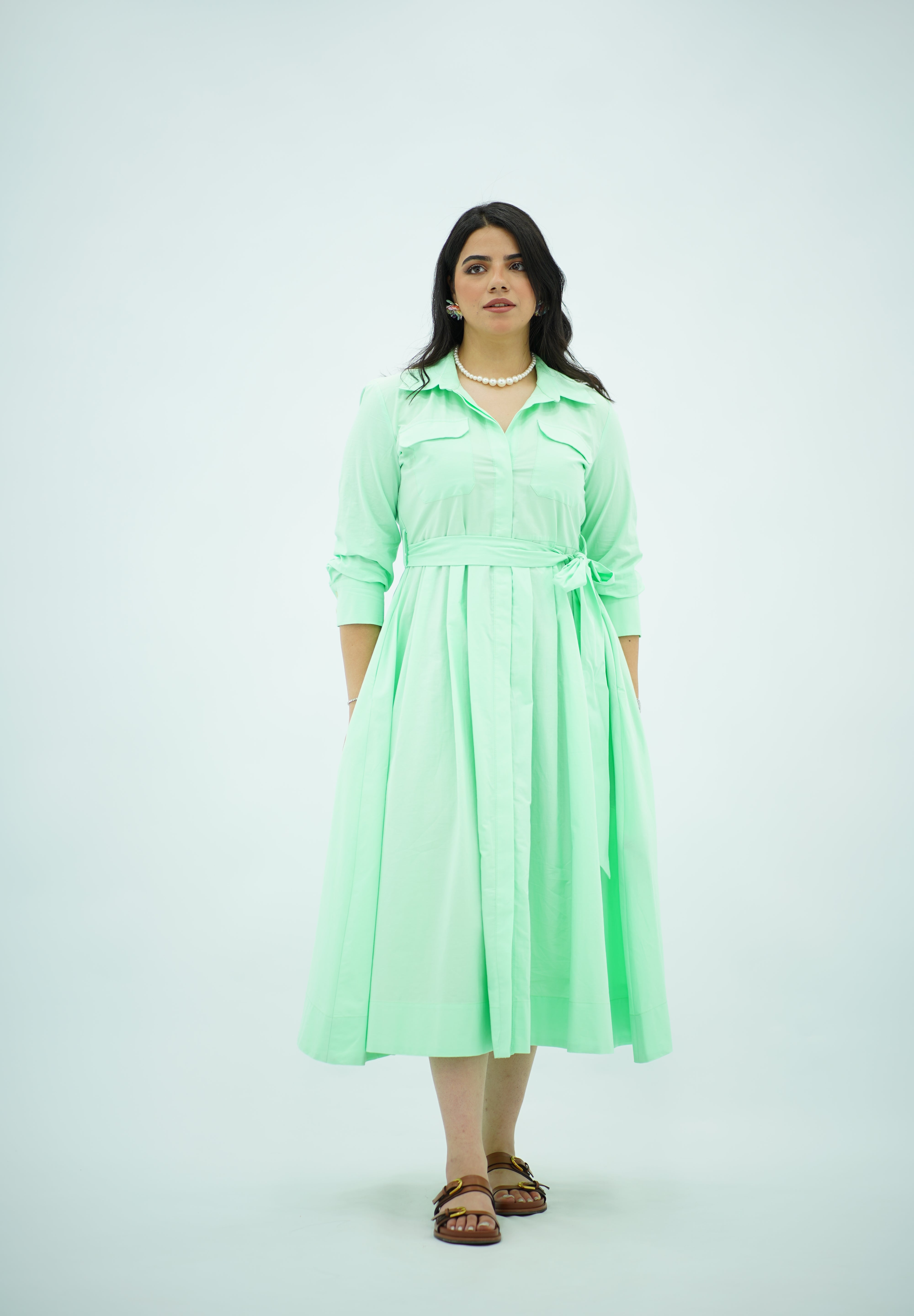 Robe Chemise Midi Ceinturée – Vert Menthe
