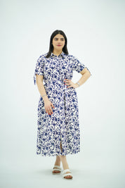 Robe Midi Fleurie Bleu et Blanc