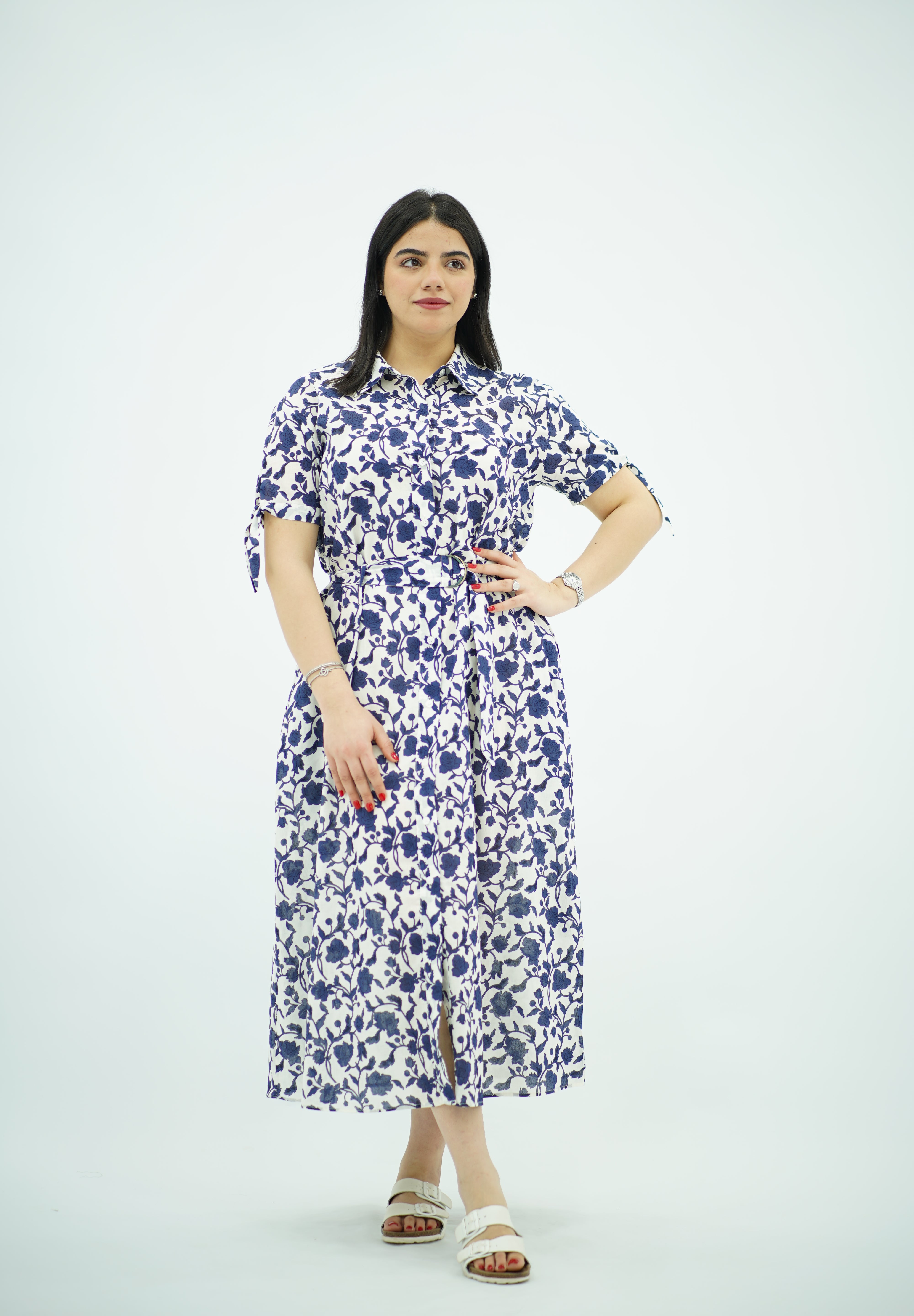 Robe Midi Fleurie Bleu et Blanc