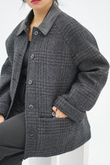 Manteau en Laine à Carreaux et Col Simili Cuir