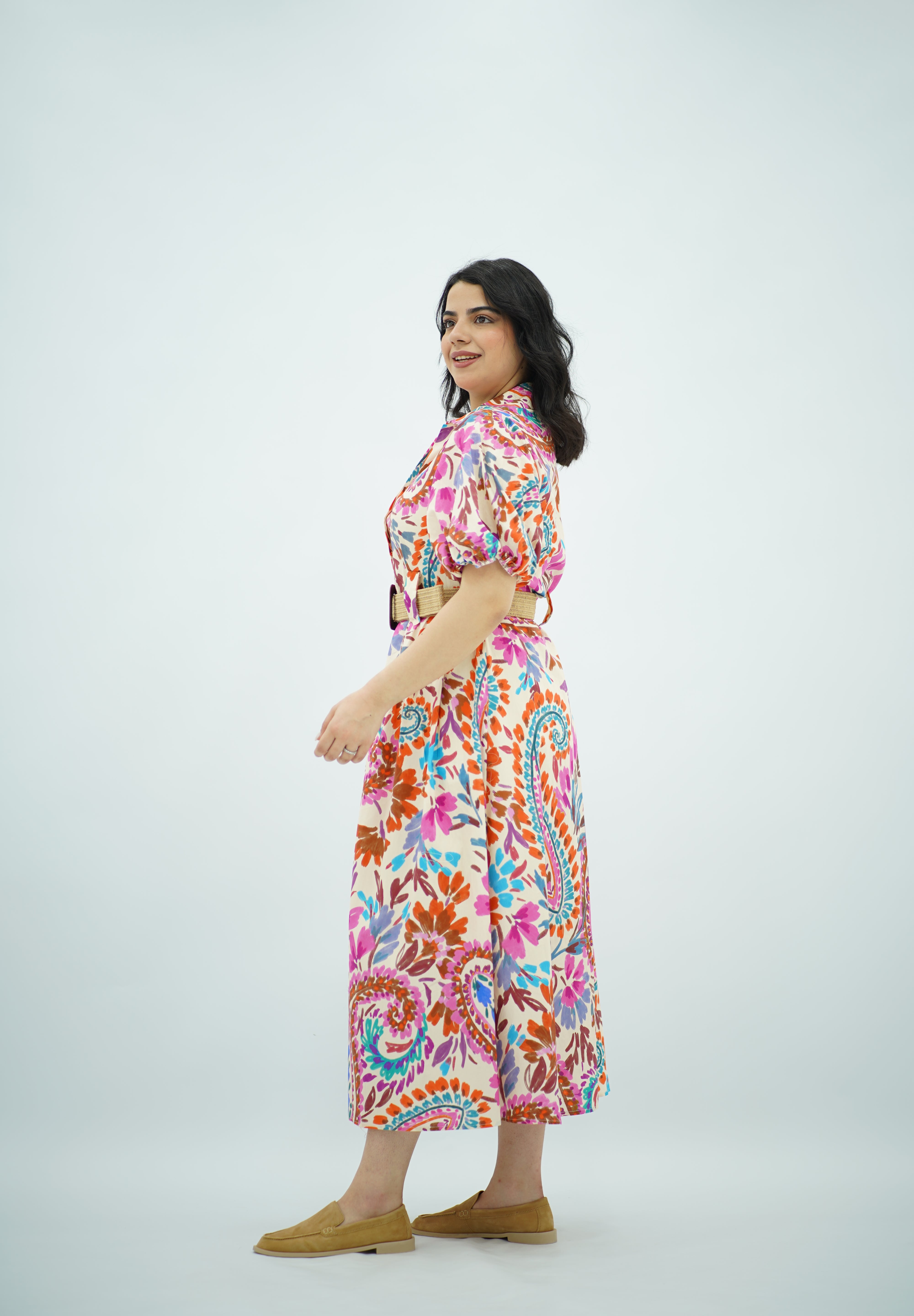 Robe ceinturé en Popeline Imprimée