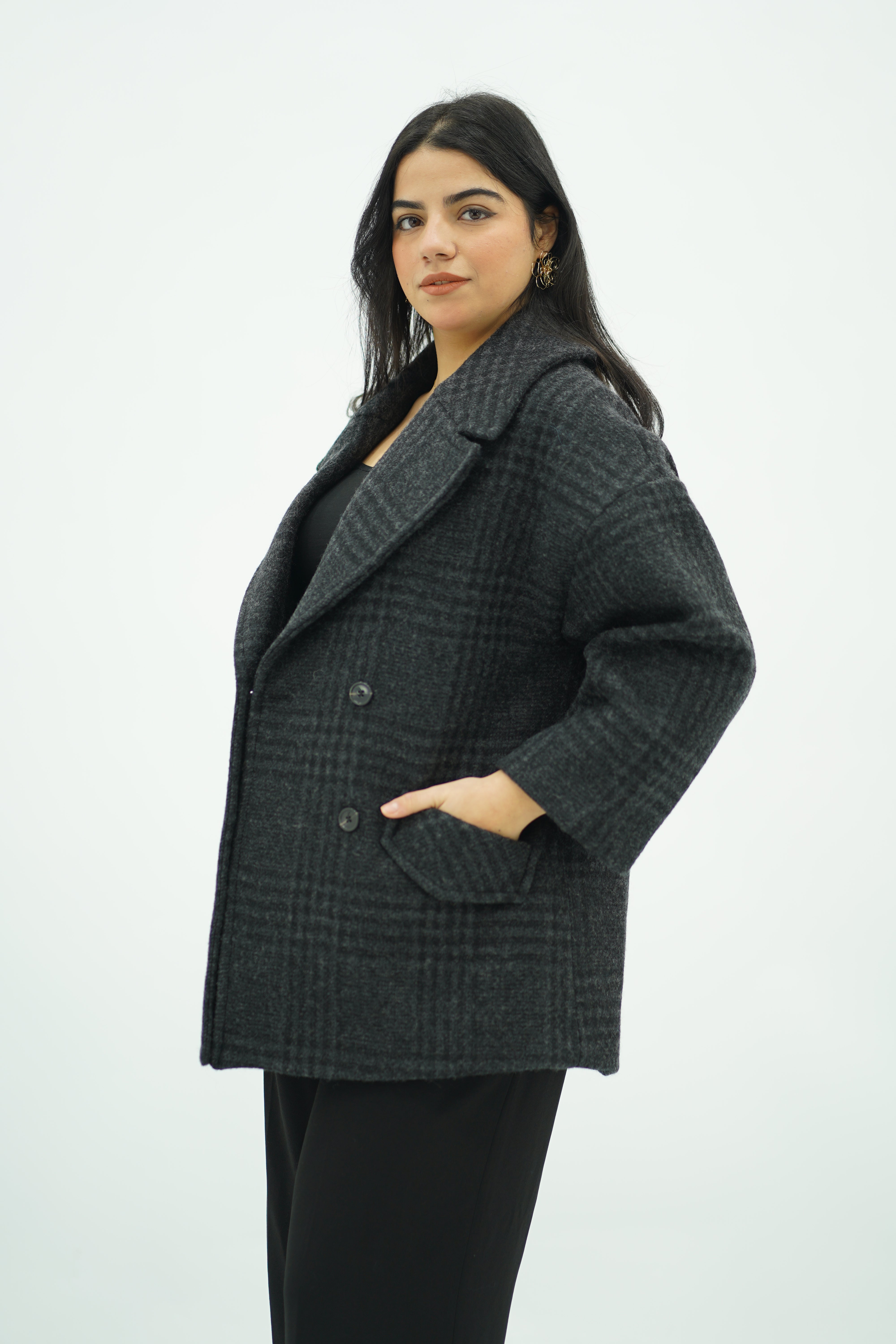 Manteau Court à carreaux Gris Anthracite