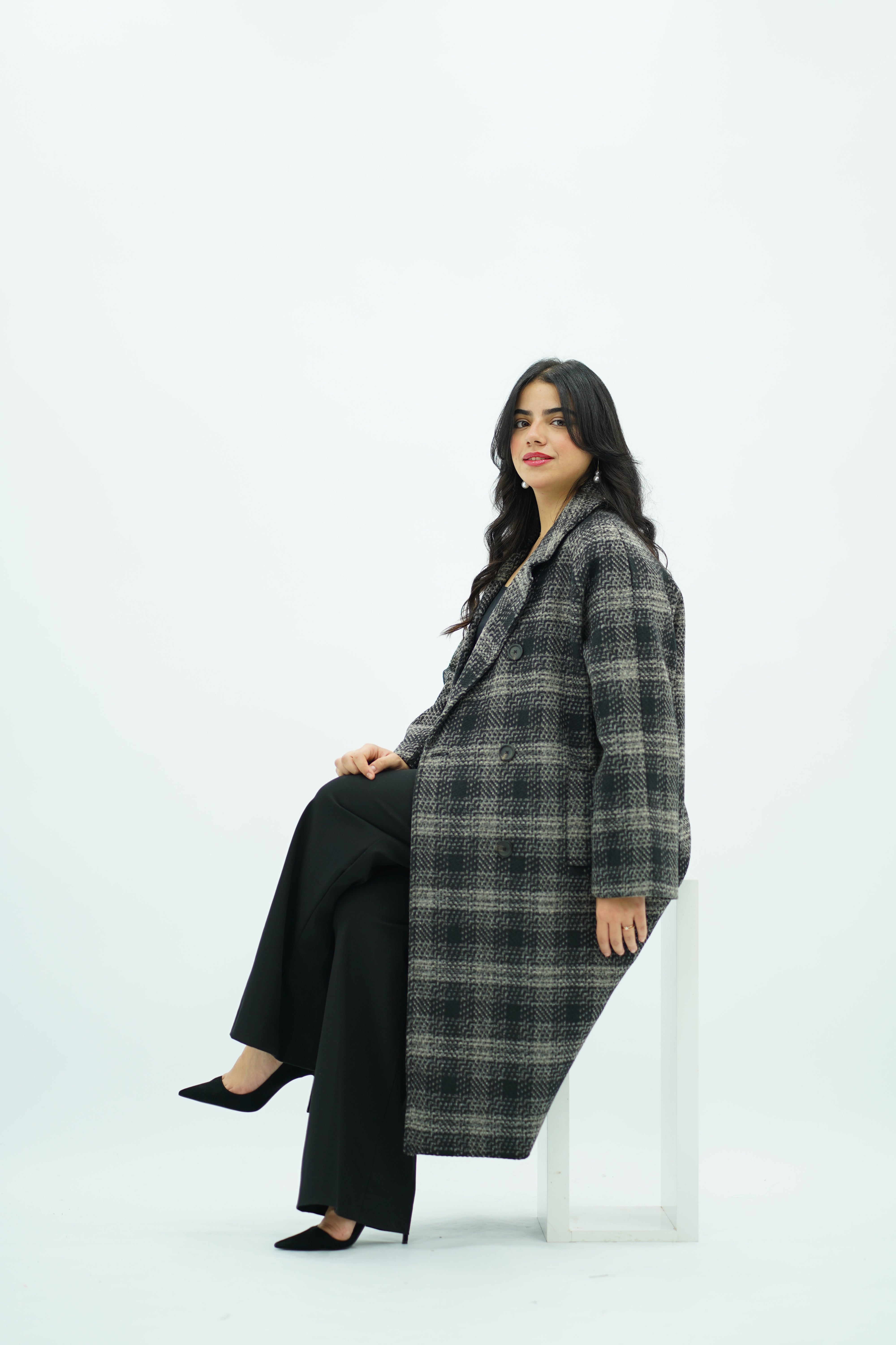 Manteau Long à Grand Motif Carreaux