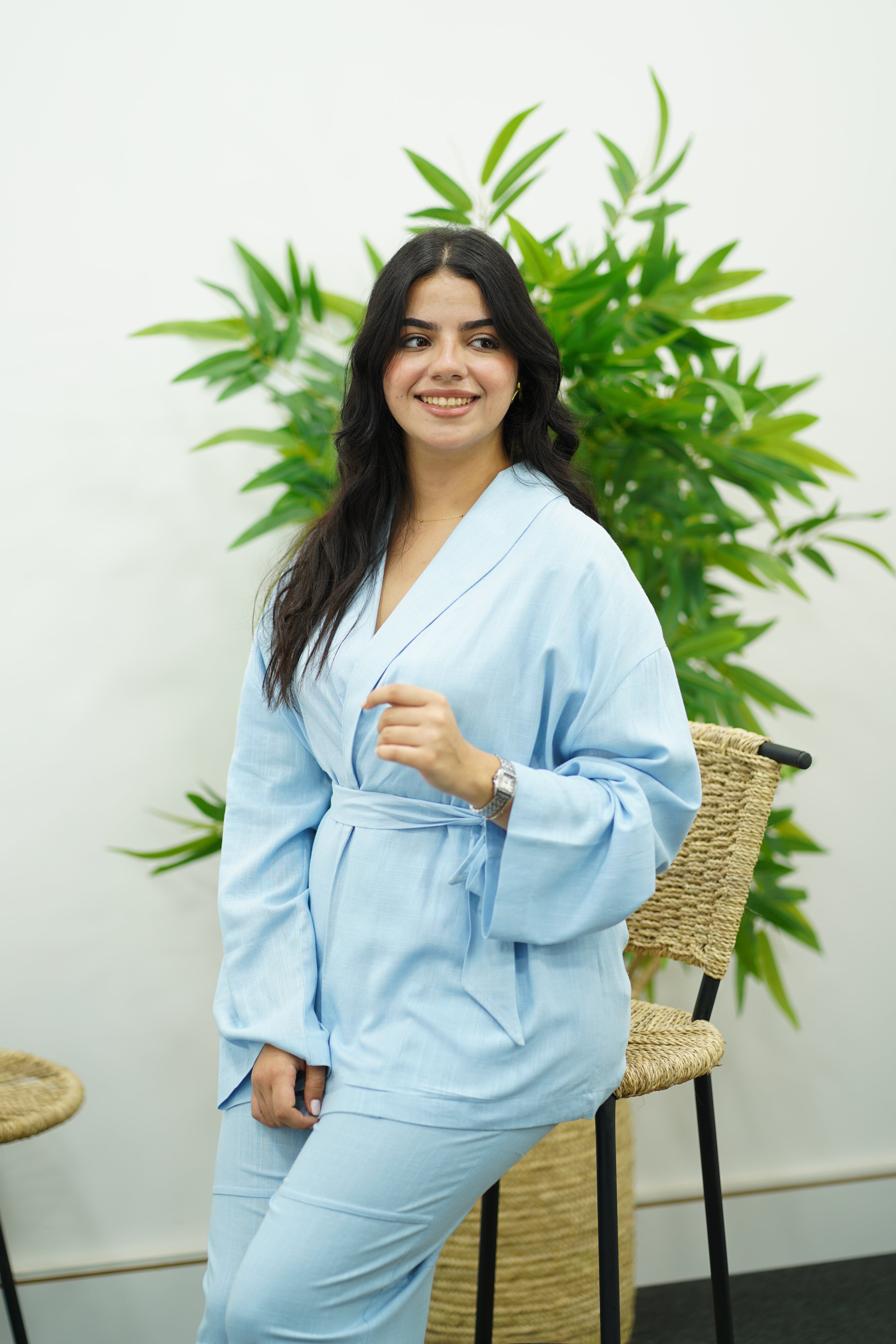 Ensemble bleu ciel en lin style kimono