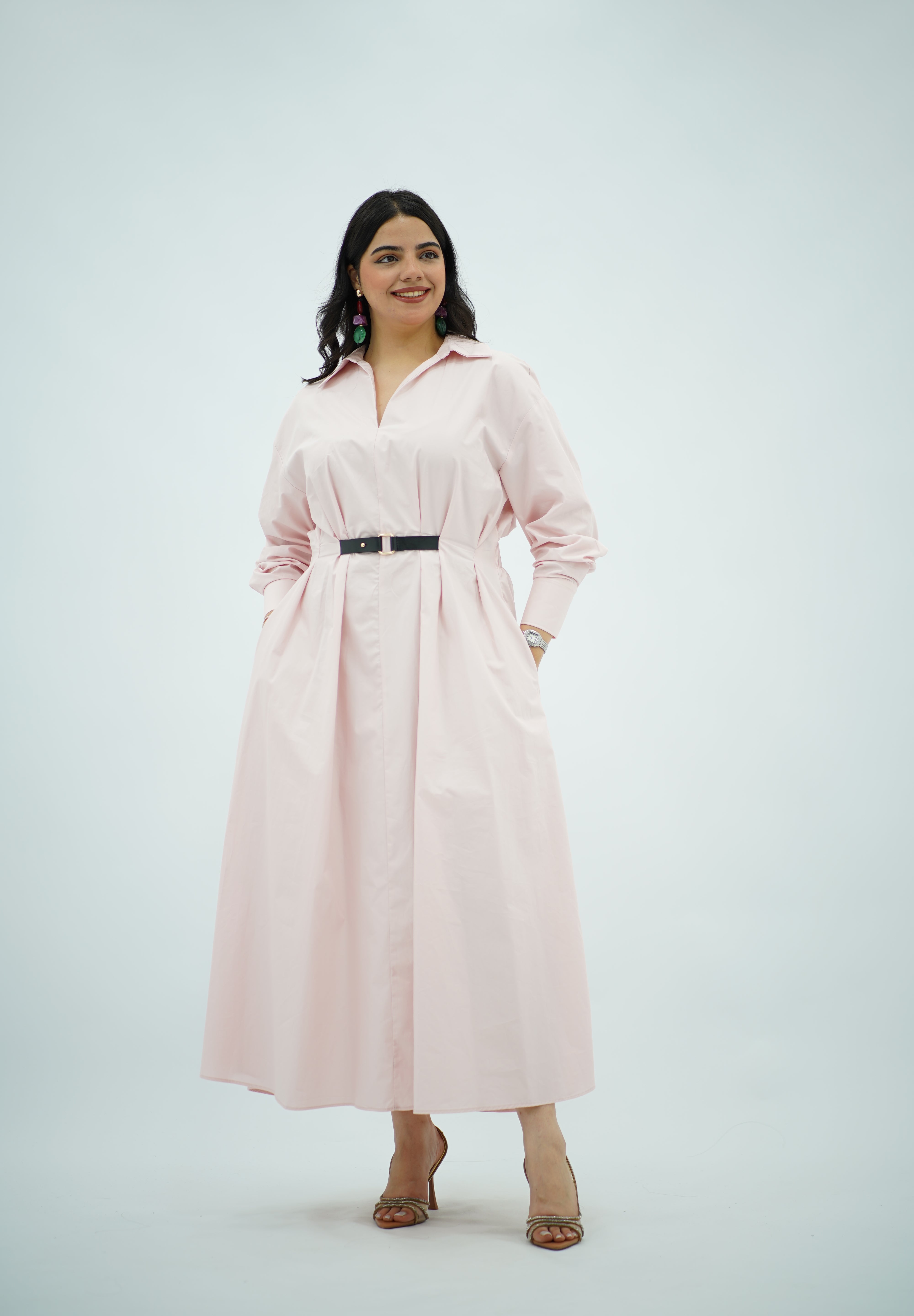 Robe chemise ceinturée rose poudré