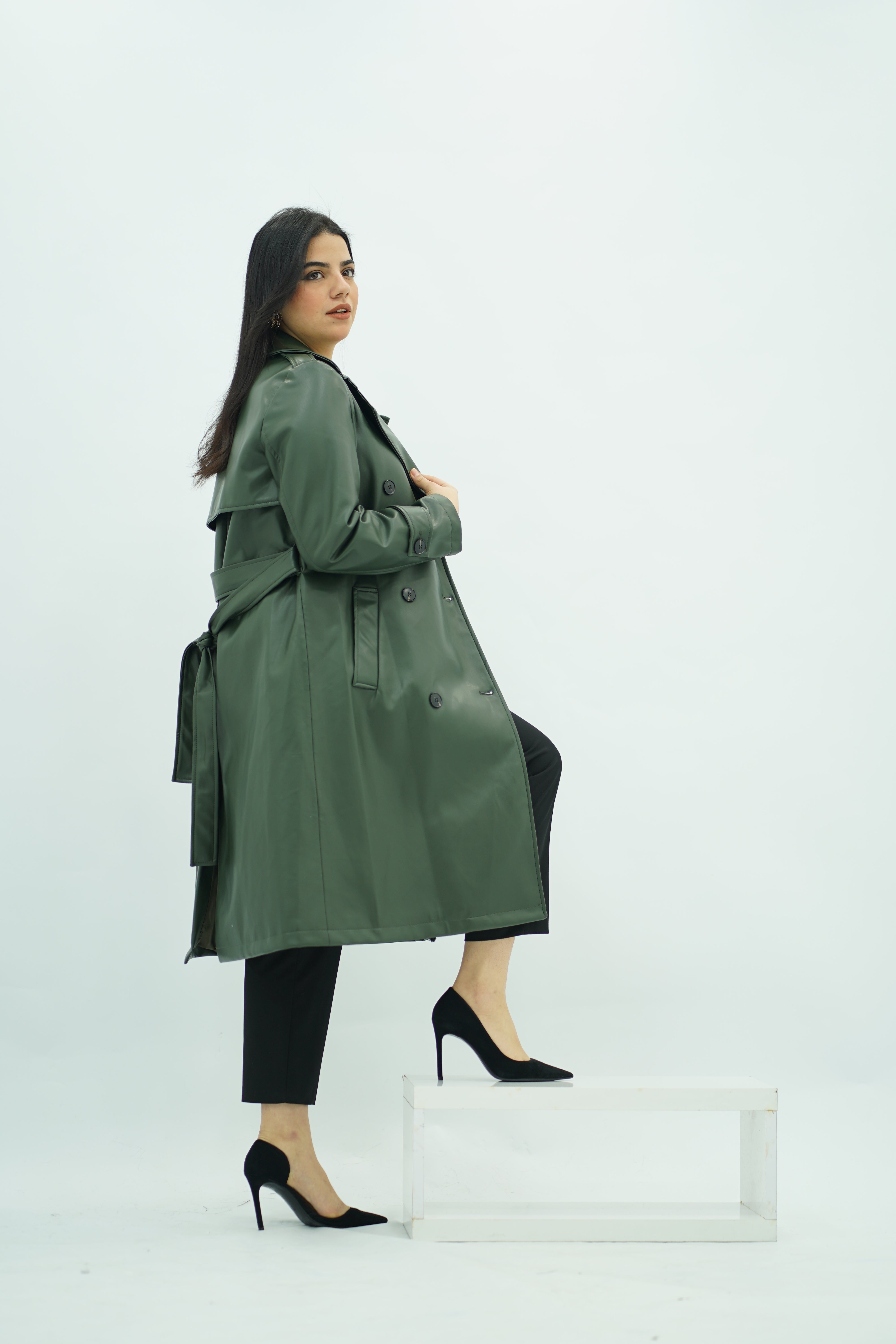 Trench Coat en Similicuir Kaki