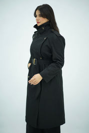 Trench Long Ceinturé Noir  – Col Montant & Boutonnage Croisé