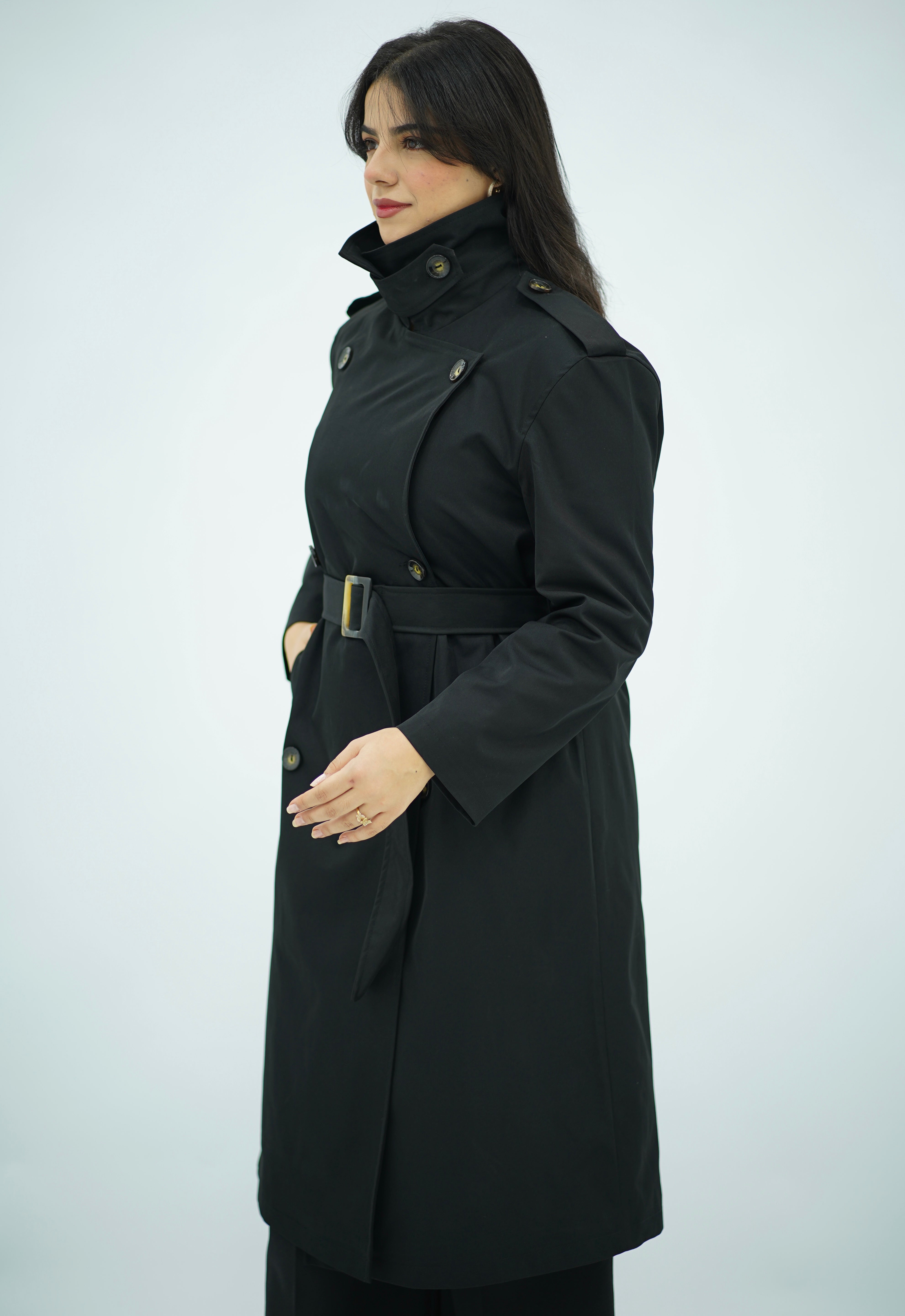 Trench Long Ceinturé Noir  – Col Montant & Boutonnage Croisé