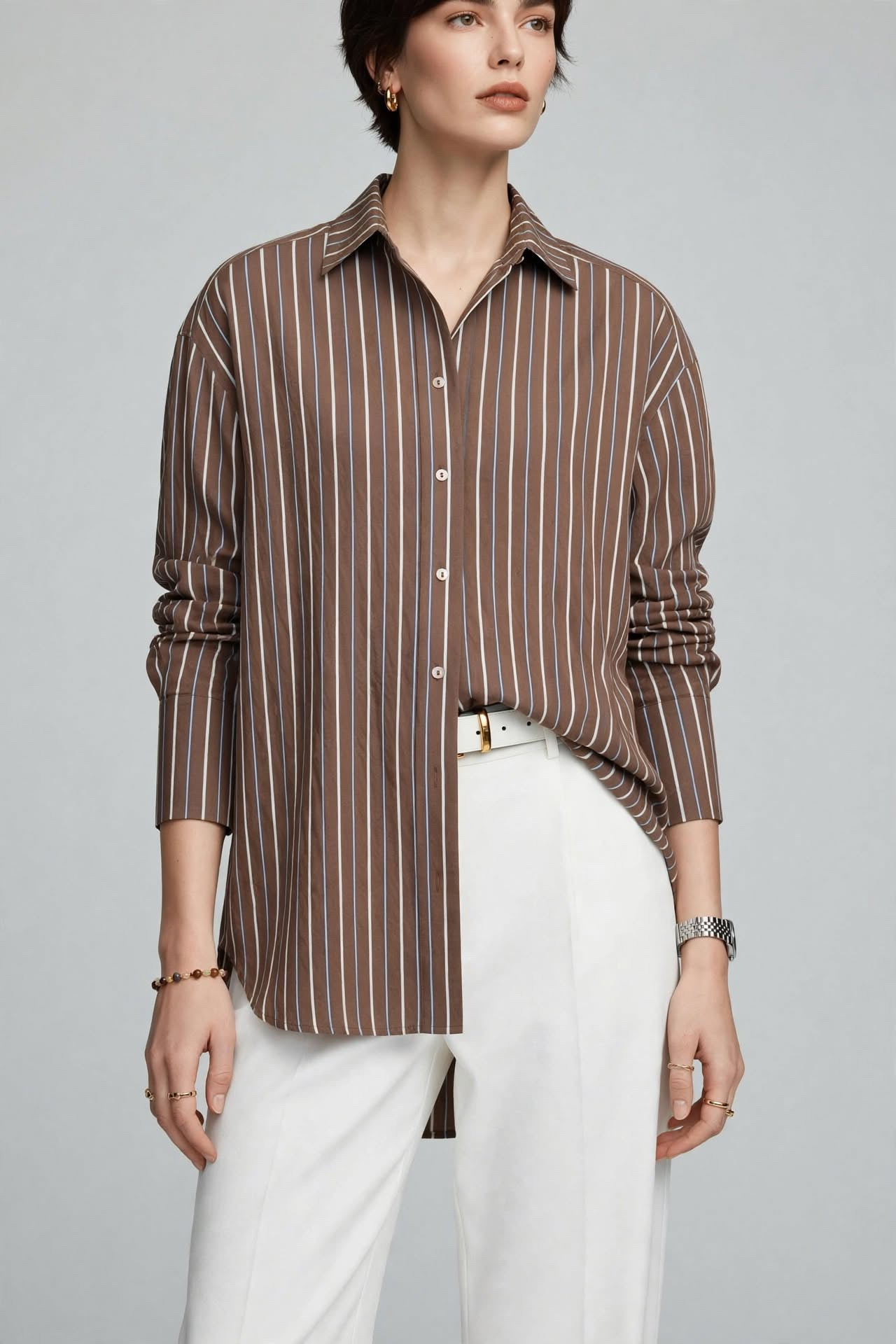 Chemise Oversize Rayée Marron et Blanche