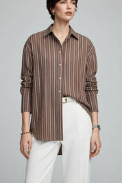 Chemise Oversize Rayée Marron et Blanche
