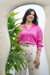 Pantalon En lin Brodé en rose