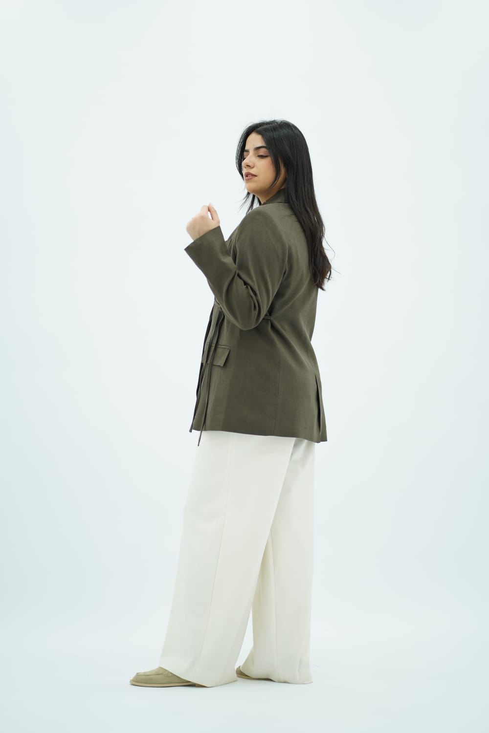 Veste cache-cœur en lin vert olive