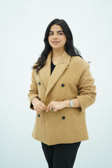 Manteau court camel à double boutonnage