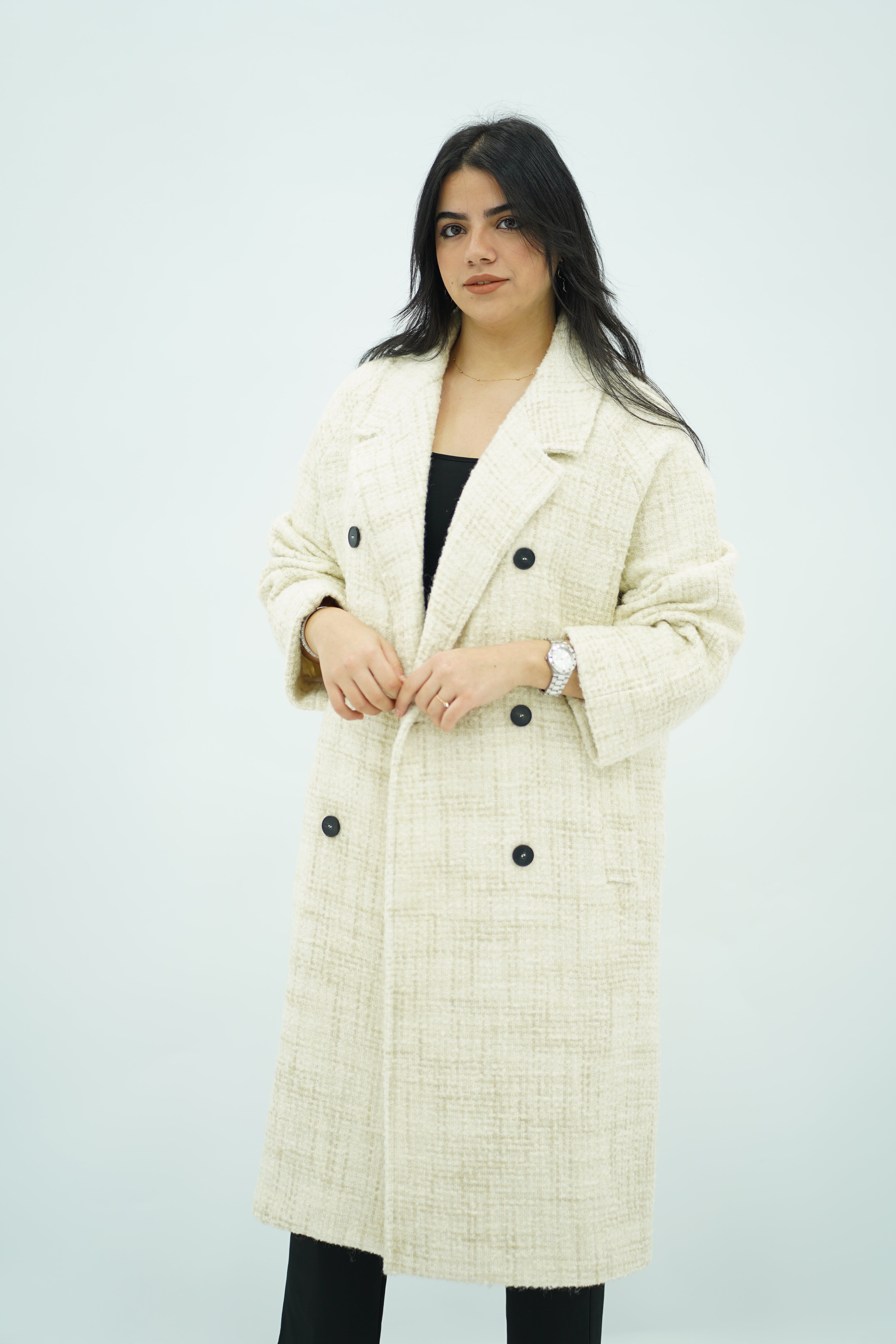 Manteau long écru texturé