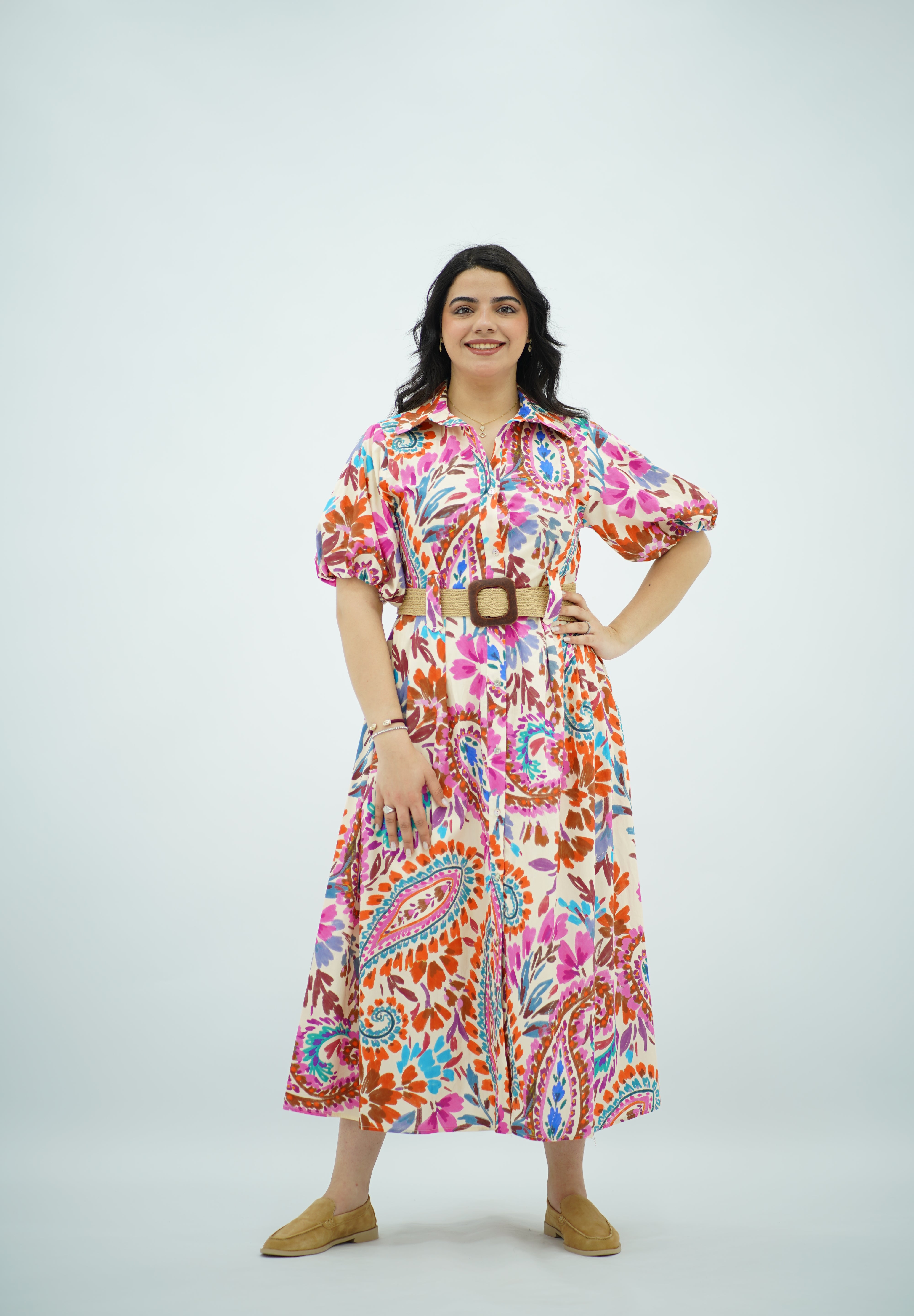 Robe ceinturé en Popeline Imprimée