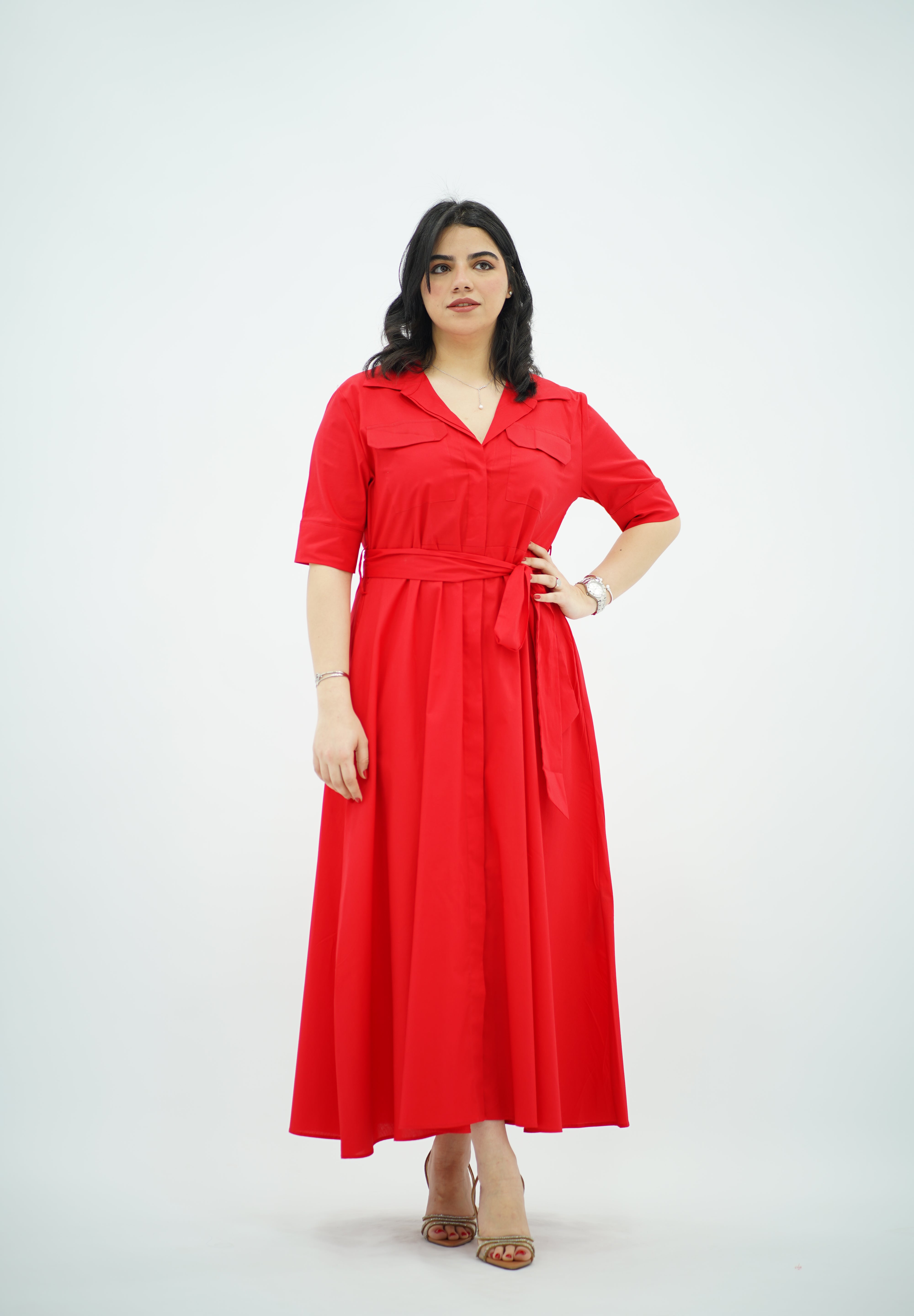 Robe chemise midi ceinturée Rouge 🌹
