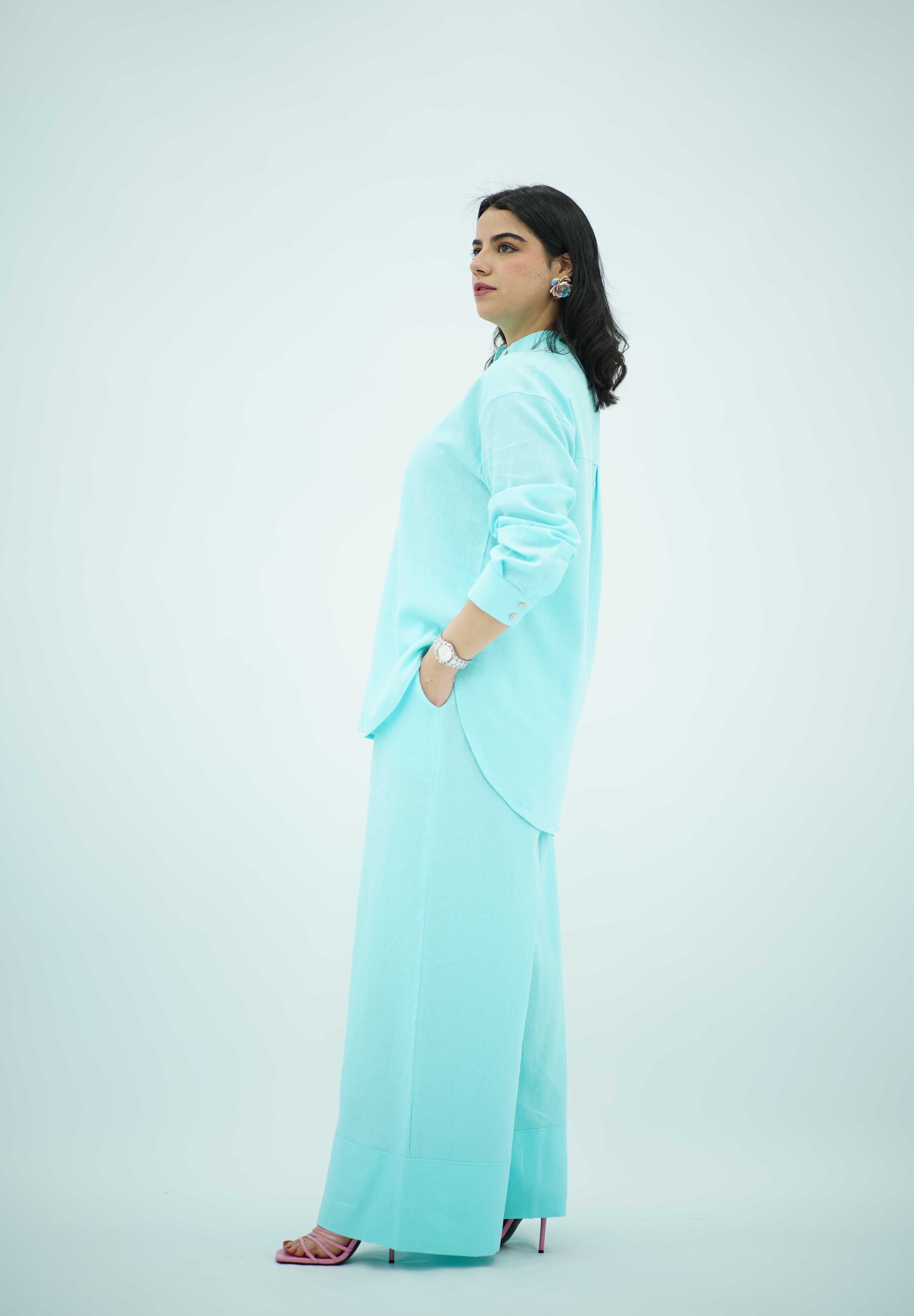 Ensemble En lin Bleu turquoise
