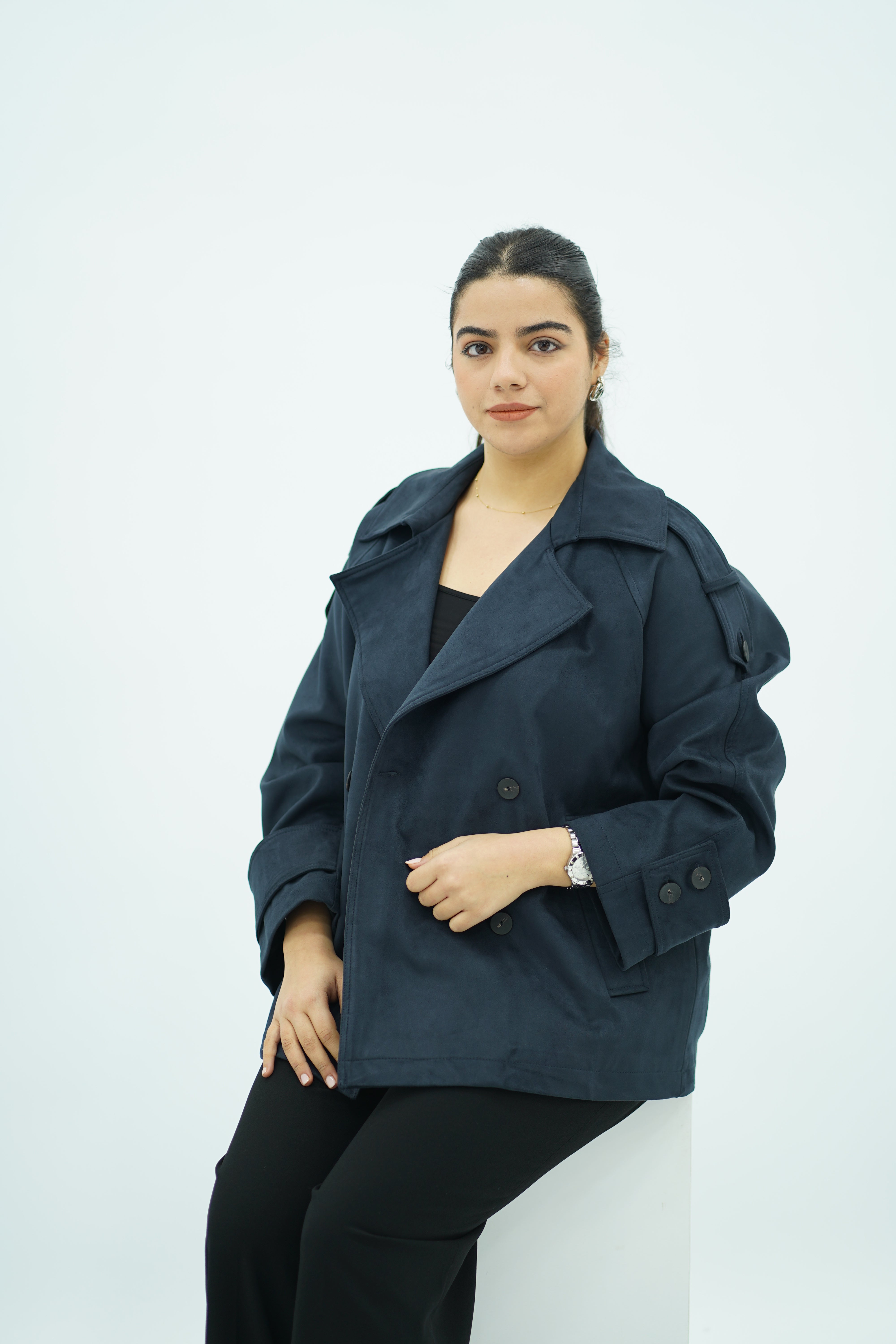 Trench court Bleu nuit en faux daim