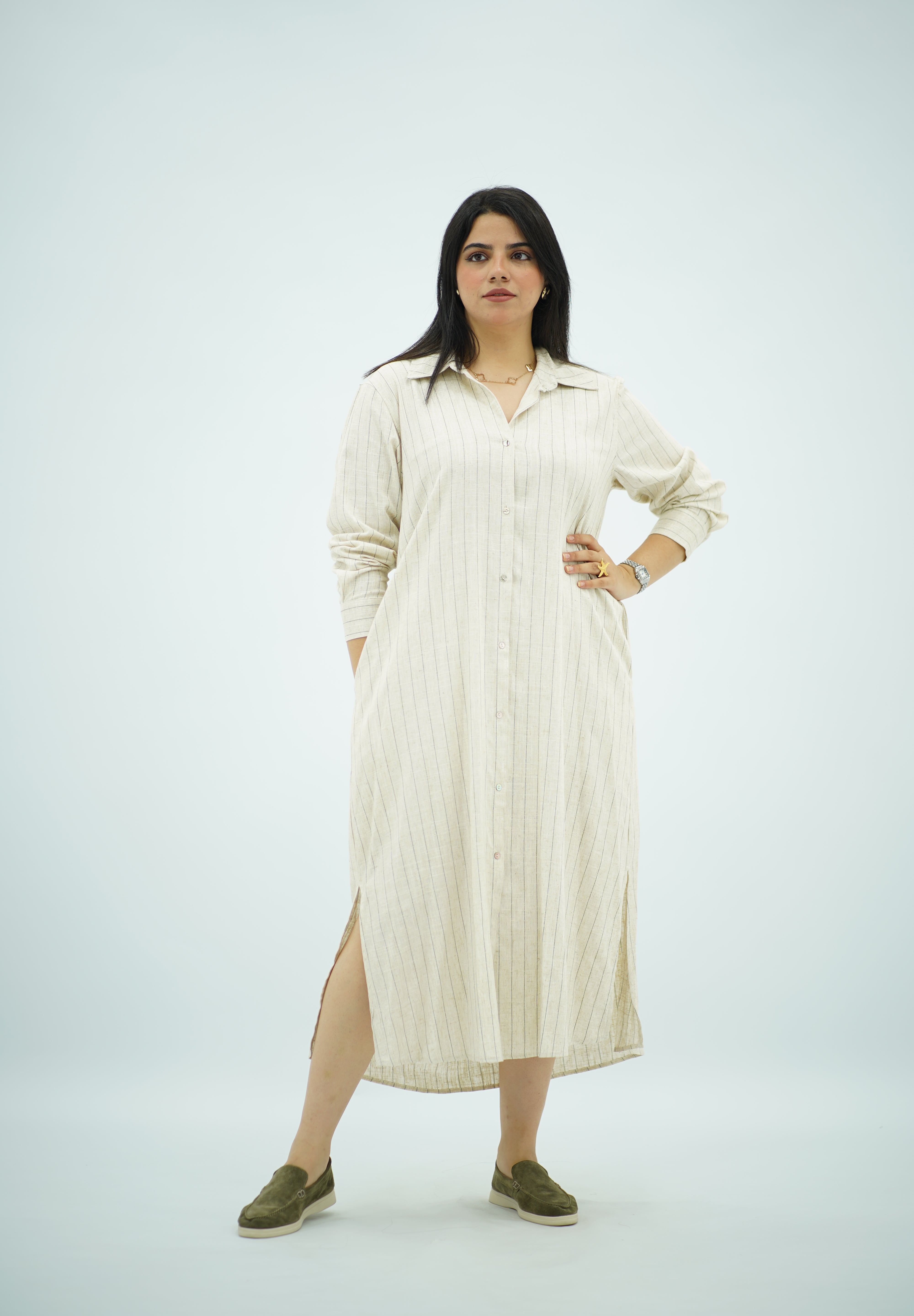 Robe Chemise Longue en Lin Rayé