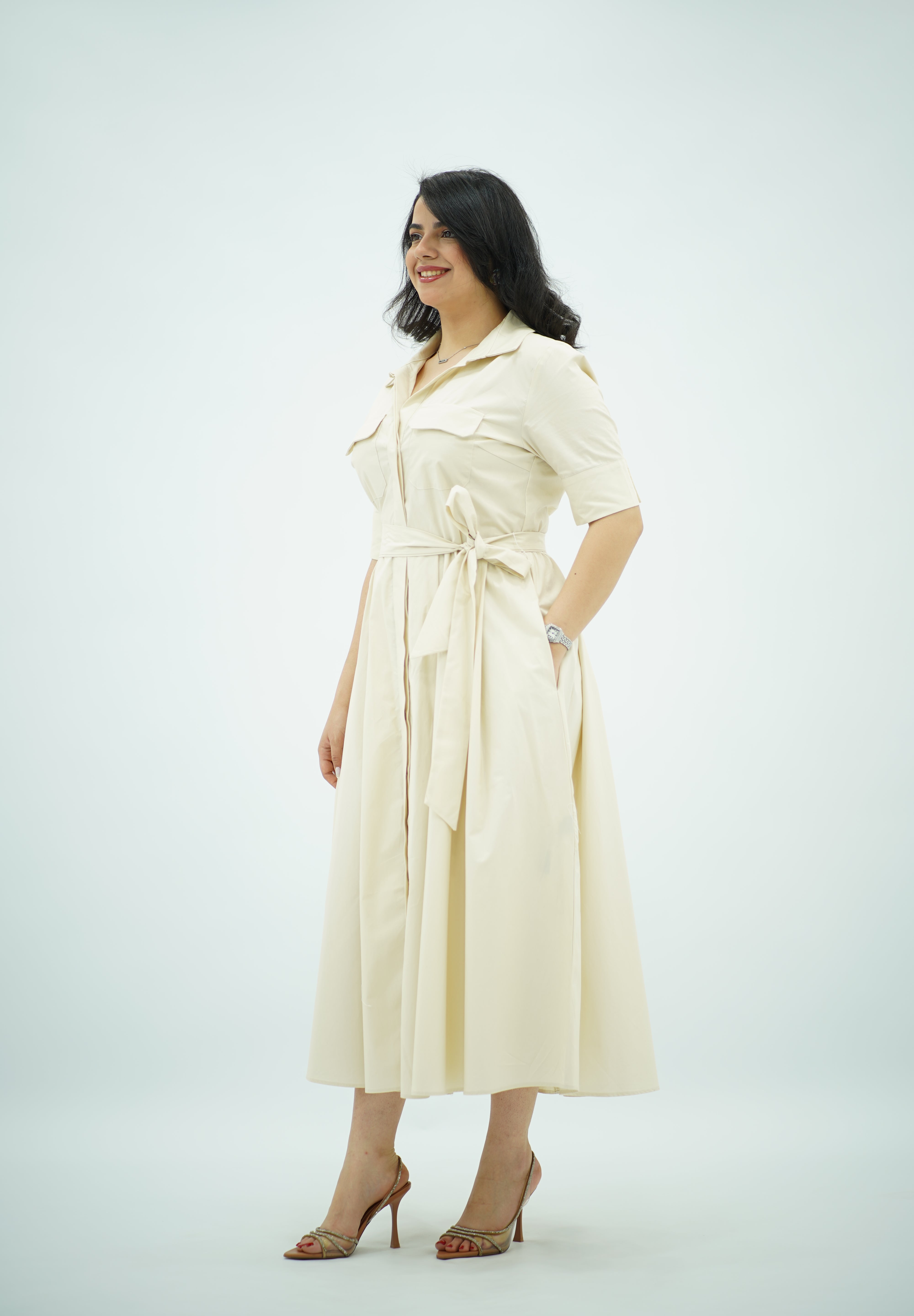 Robe Midi en popeline Blanc cassé