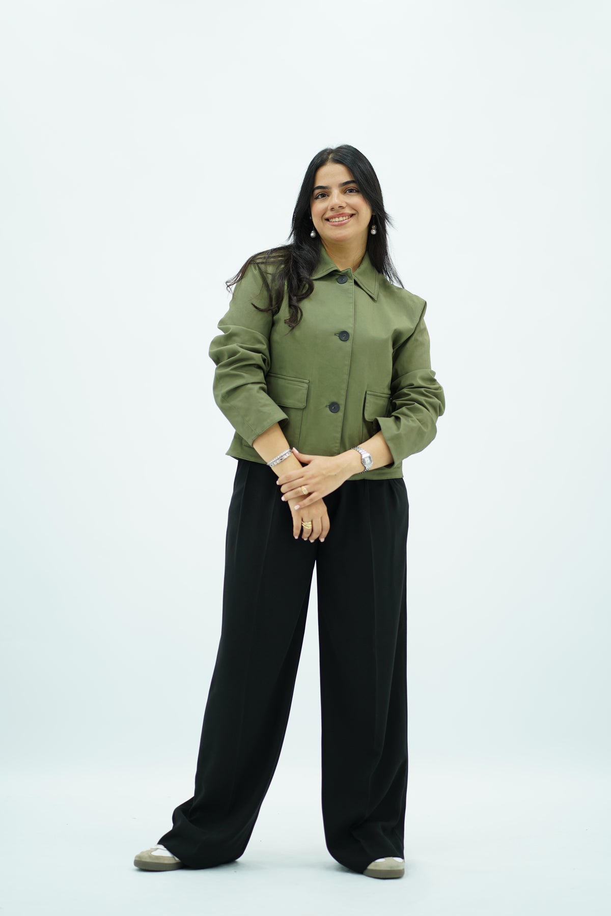 Trench Court kaki à Boutons Noirs