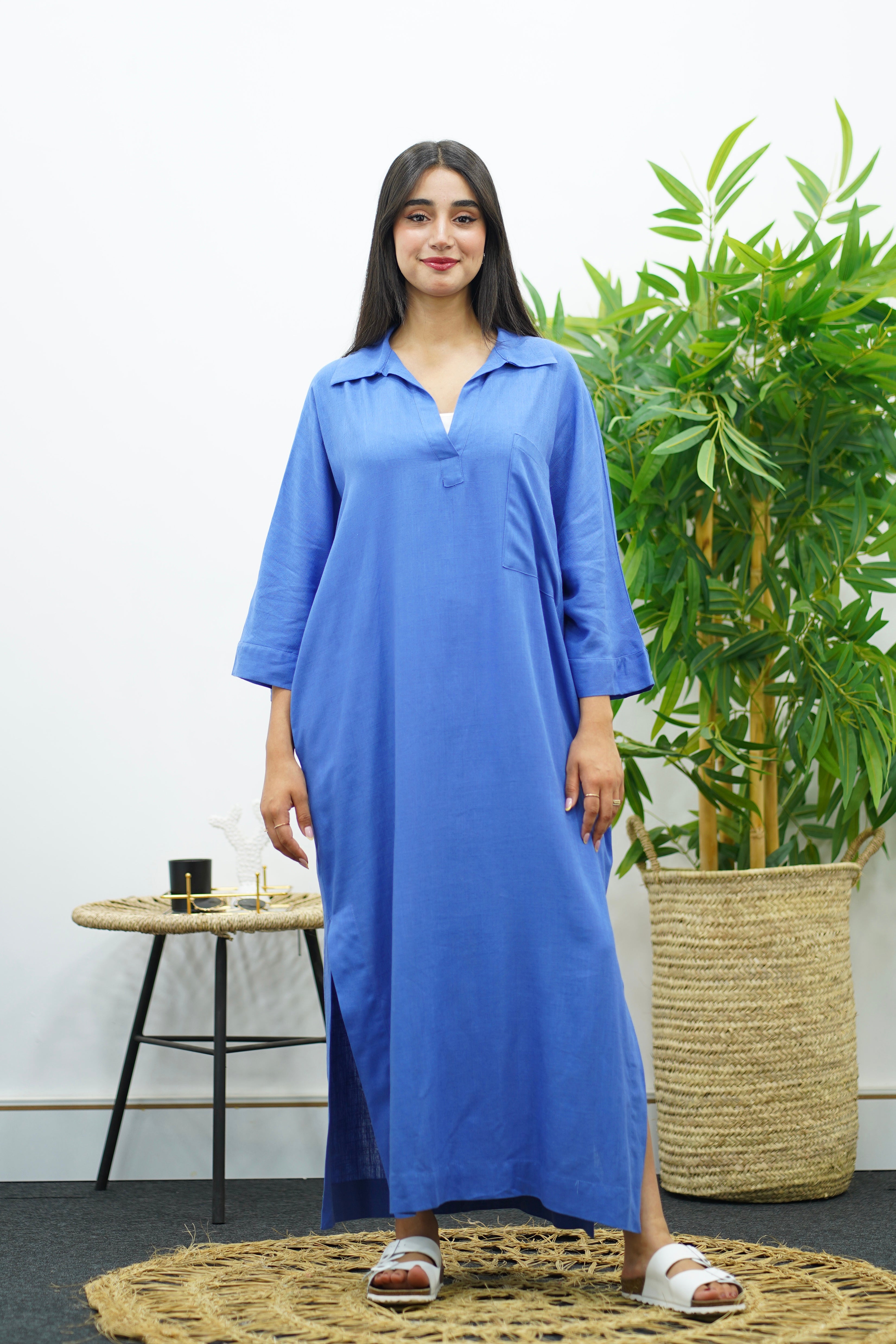 Robe Gandoura en lin - Bleu