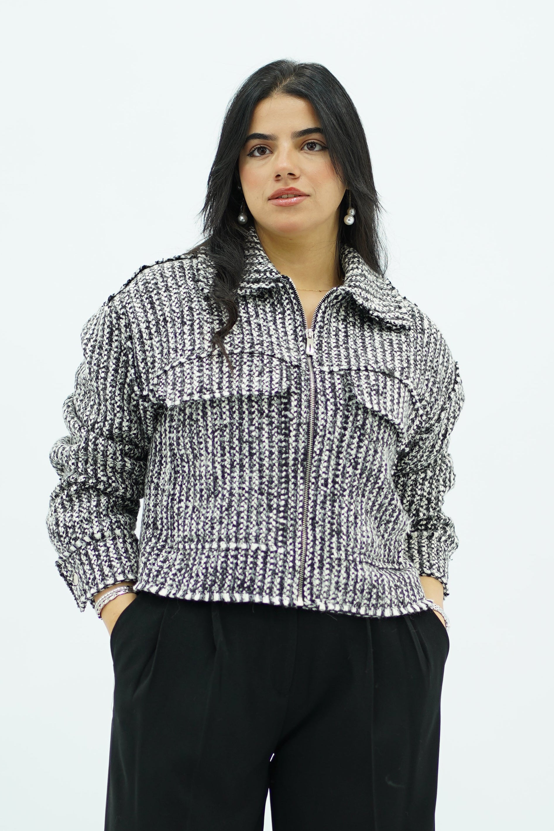 Bomber Courte en Tweed Noir et Blanc