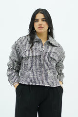 Bomber Courte en Tweed Noir et Blanc