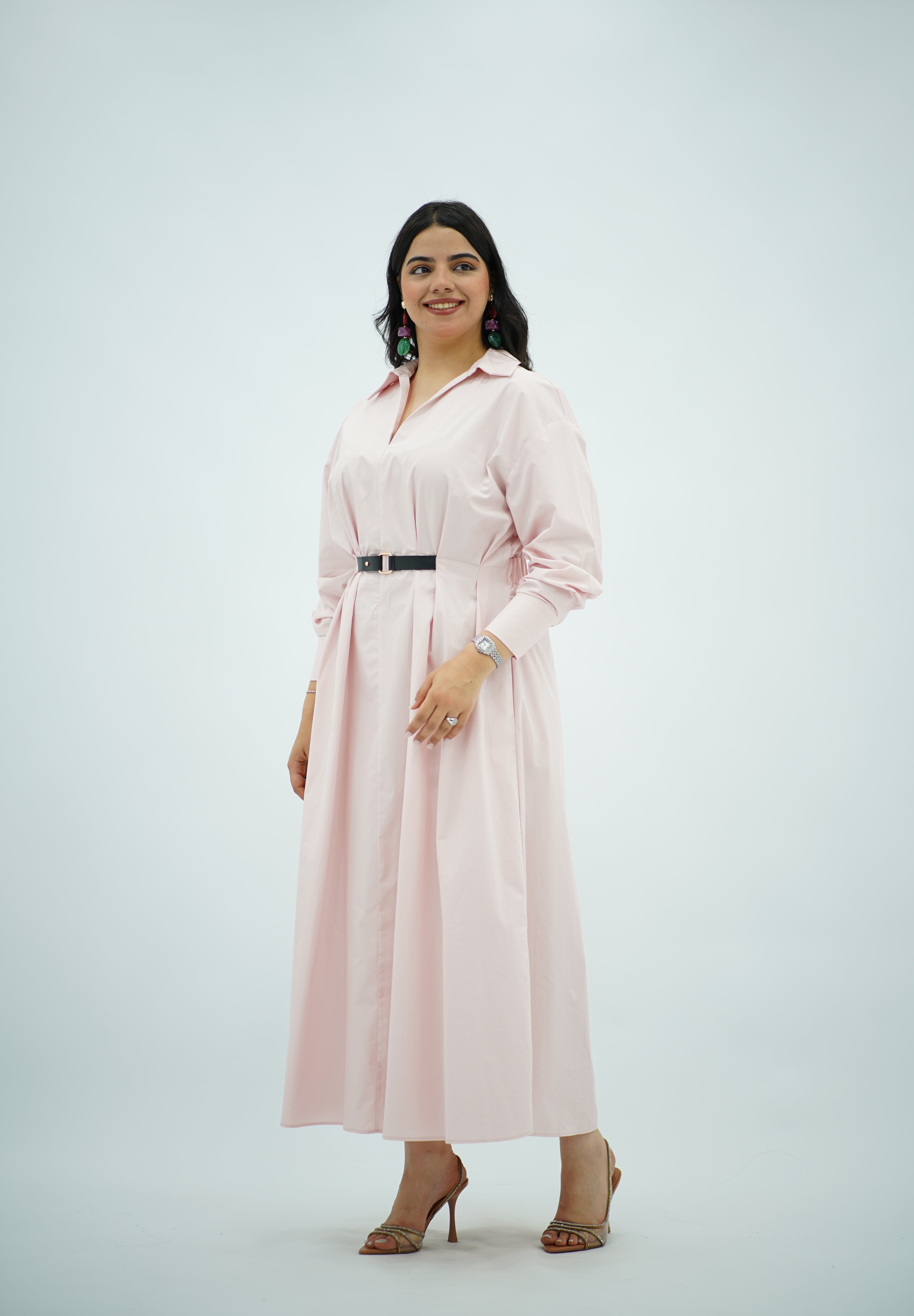 Robe chemise ceinturée rose poudré