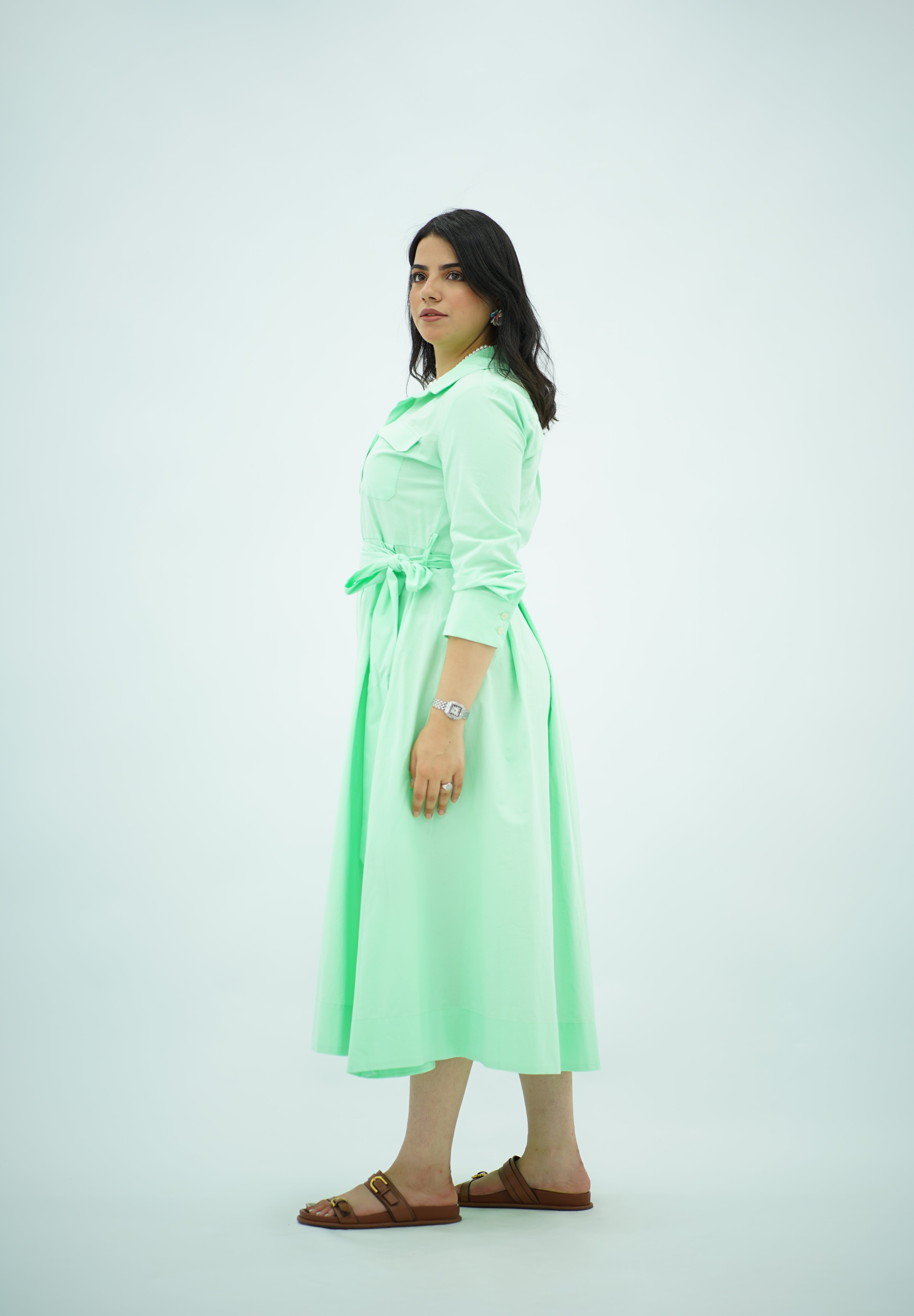 Robe Chemise Midi Ceinturée – Vert Menthe