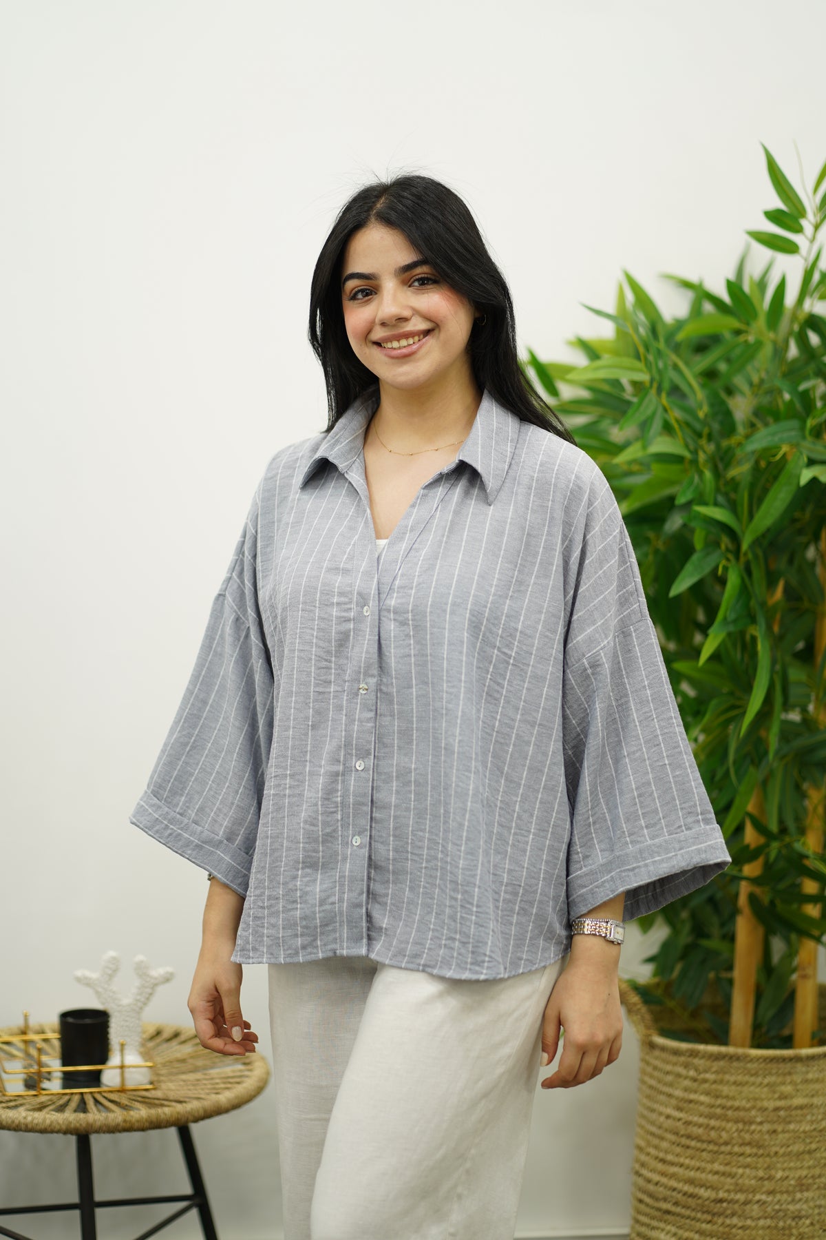 Chemise overzise en lin rayé