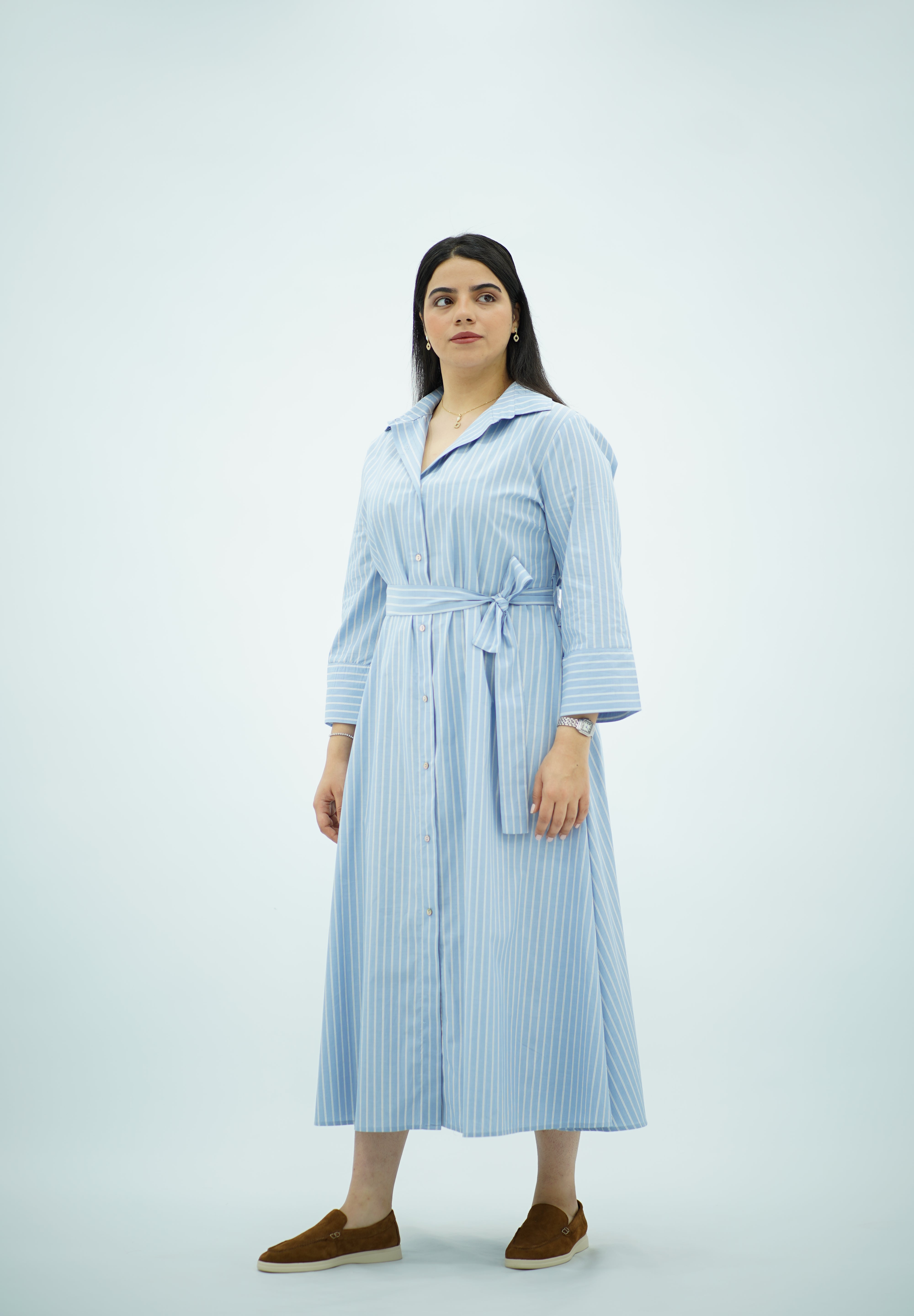 Robe-chemise longue rayée bleu ciel